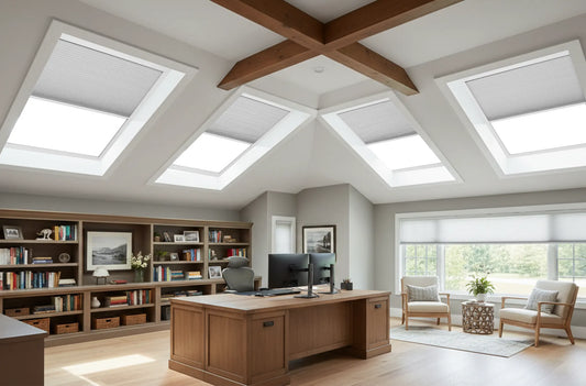 Motorized skylight shades showing solar, battery, and hardwired power options in a modern home