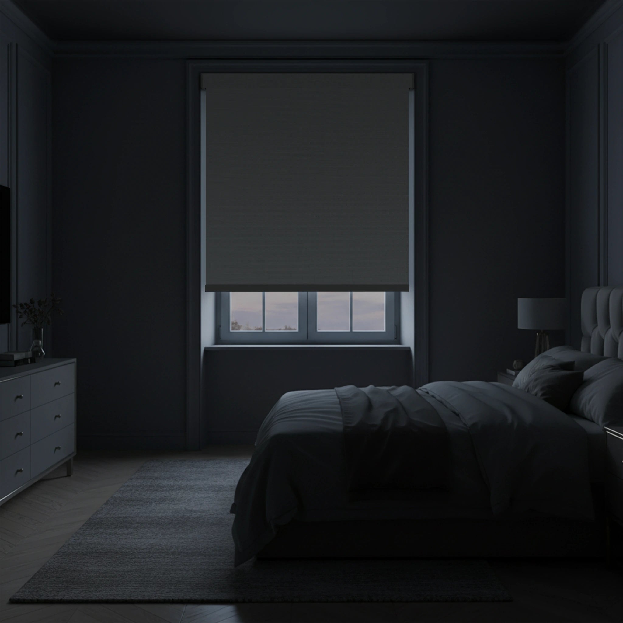 100% blackout shades creating dark sleep environment in bedroom
