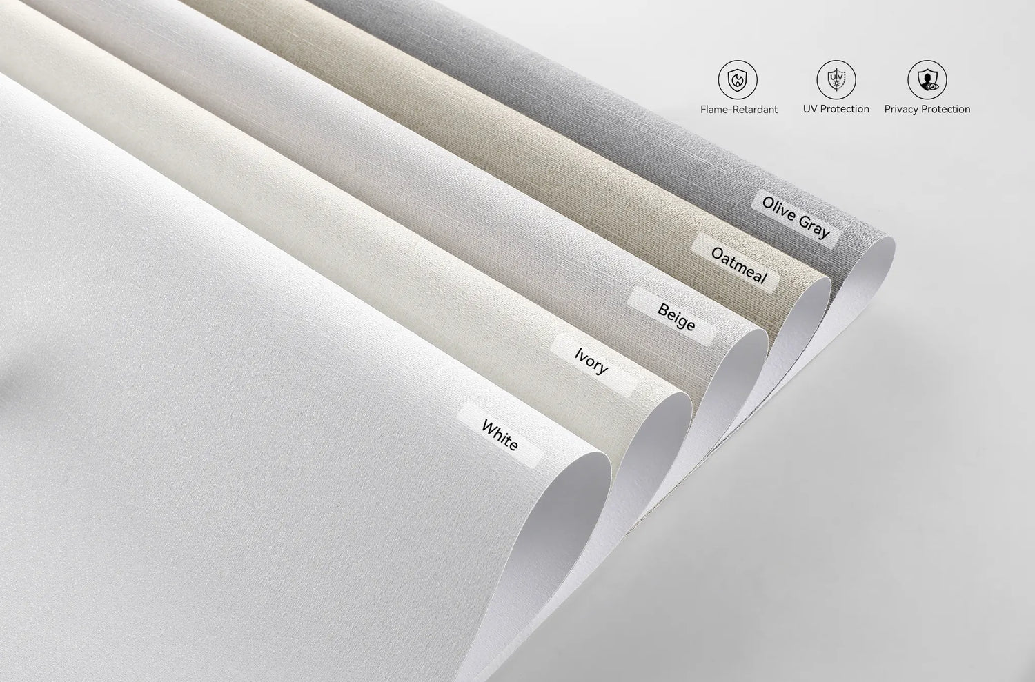 Color swatches of Kurlax blackout shades in White, Ivory, Oatmeal, Beige, and Olive Gray.