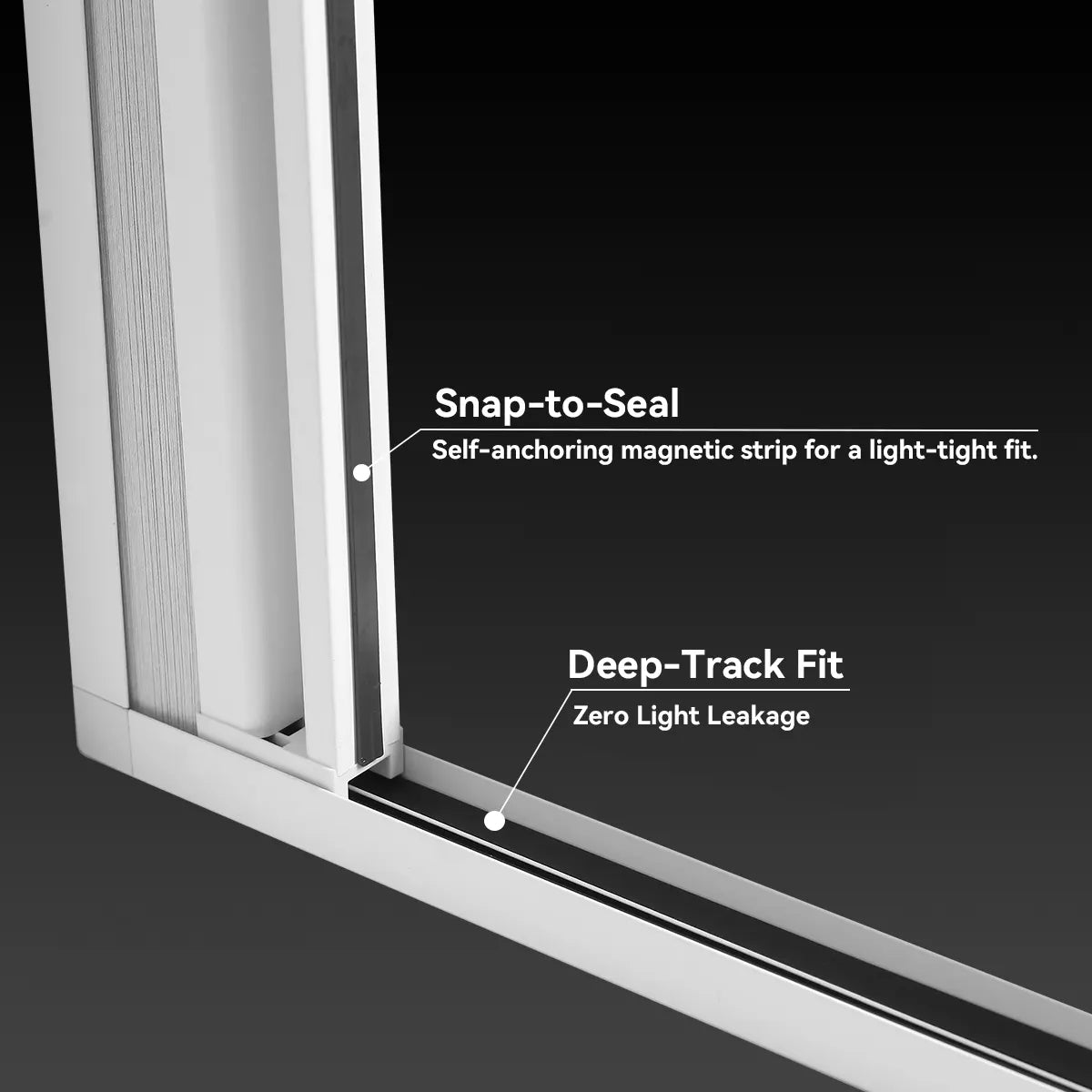 Close-up of fabric deep in side tracks and the magnetic bottom seal of Kurlax blinds.