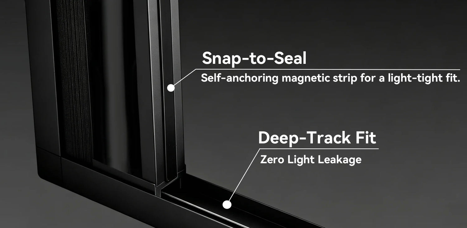 Close-up of fabric deep in the side tracks and the magnetic bottom seal of Kurlax blinds.