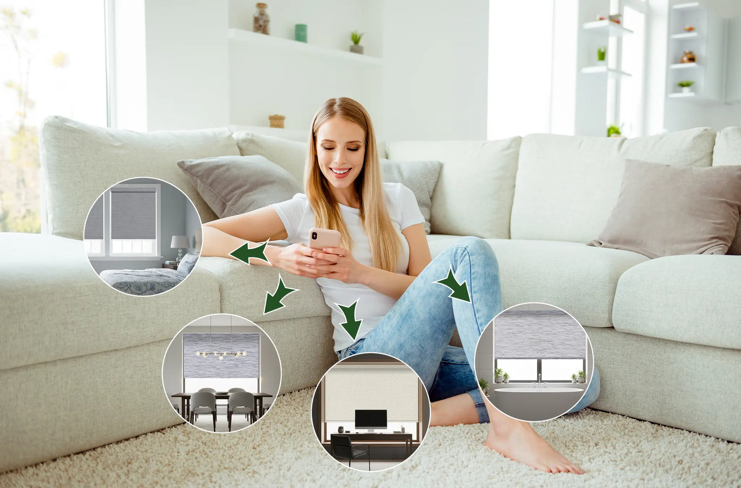 Woman using a smartphone app to control all window shades in her home