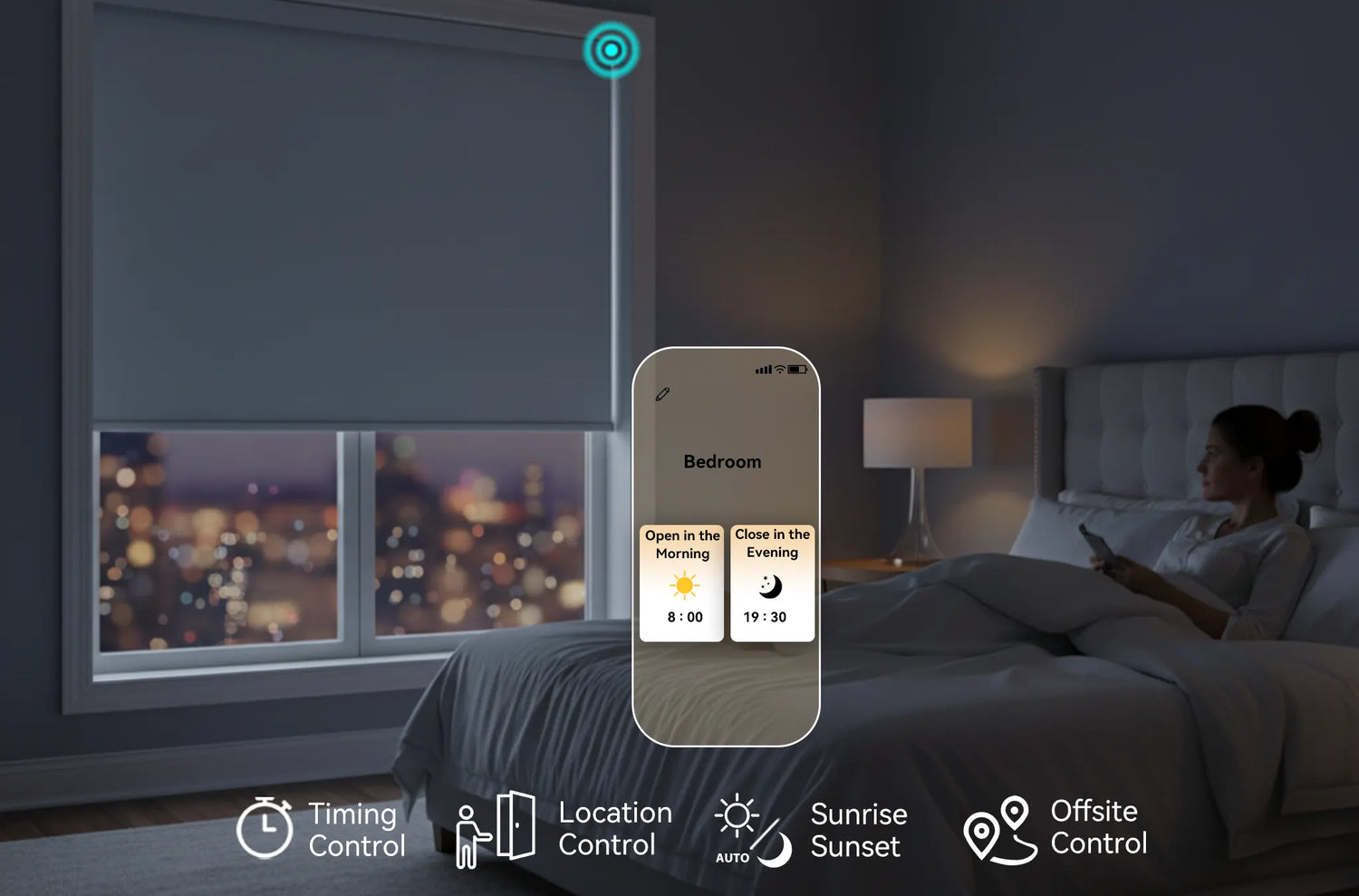 Woman setting an open and close schedule for window shades in the bedroom