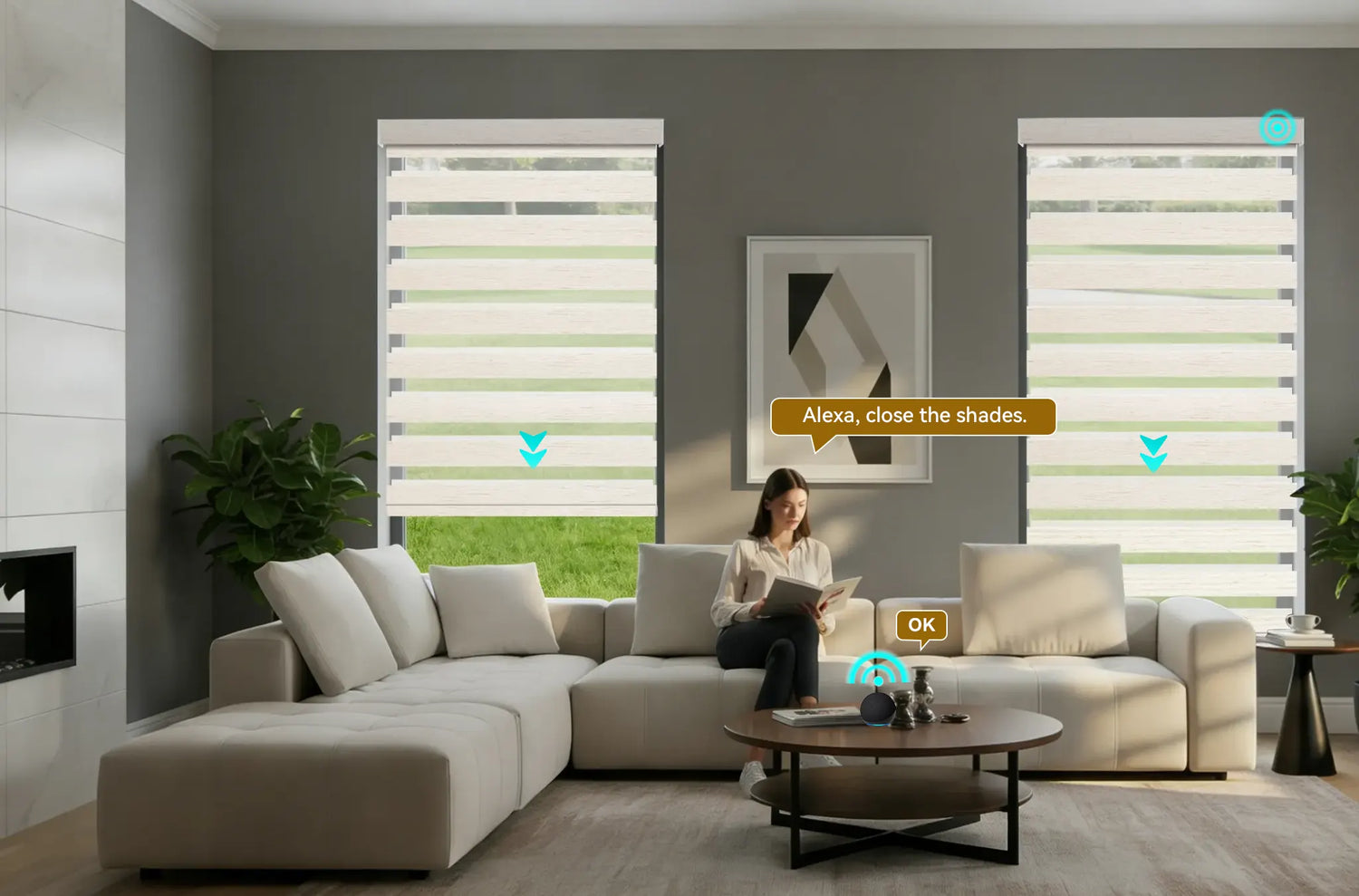 Woman using Alexa voice control to open and close window shades