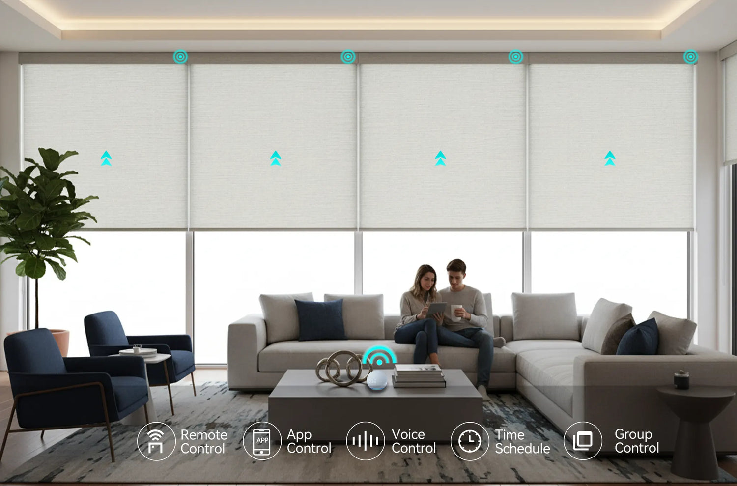 Amazon Alexa controlling Kurlax motorized window shades with voice commands, routines, and app control