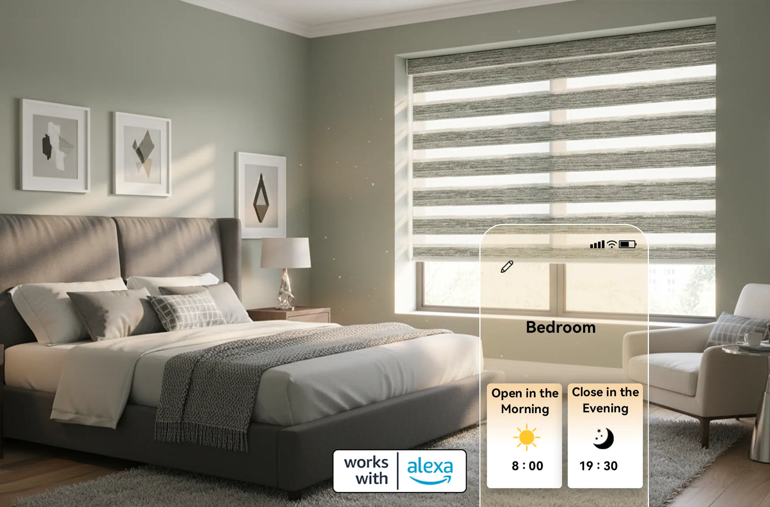 Amazon Alexa smart routines automatically opening and closing motorized window shades throughout the day