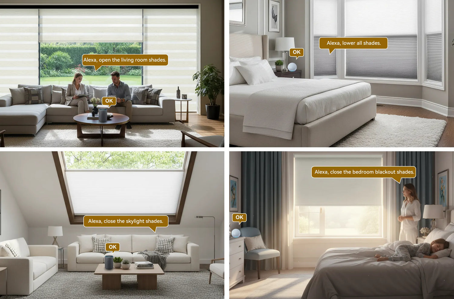 Example Amazon Alexa voice commands used to control motorized window shades by room or group