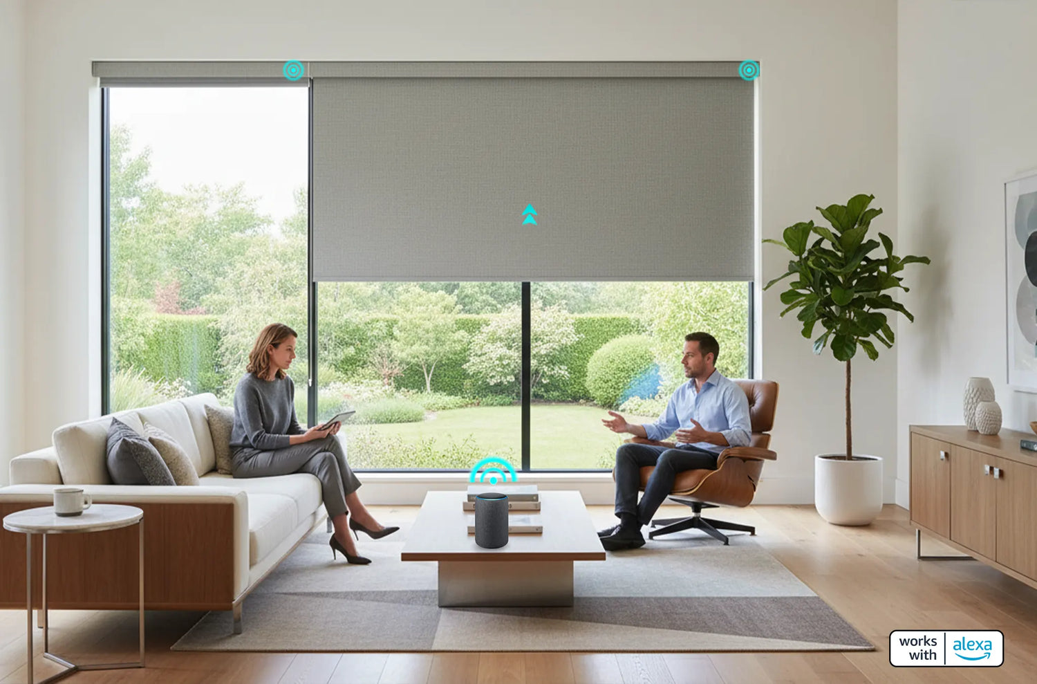 Amazon Alexa voice assistant controlling motorized window shades in a smart home