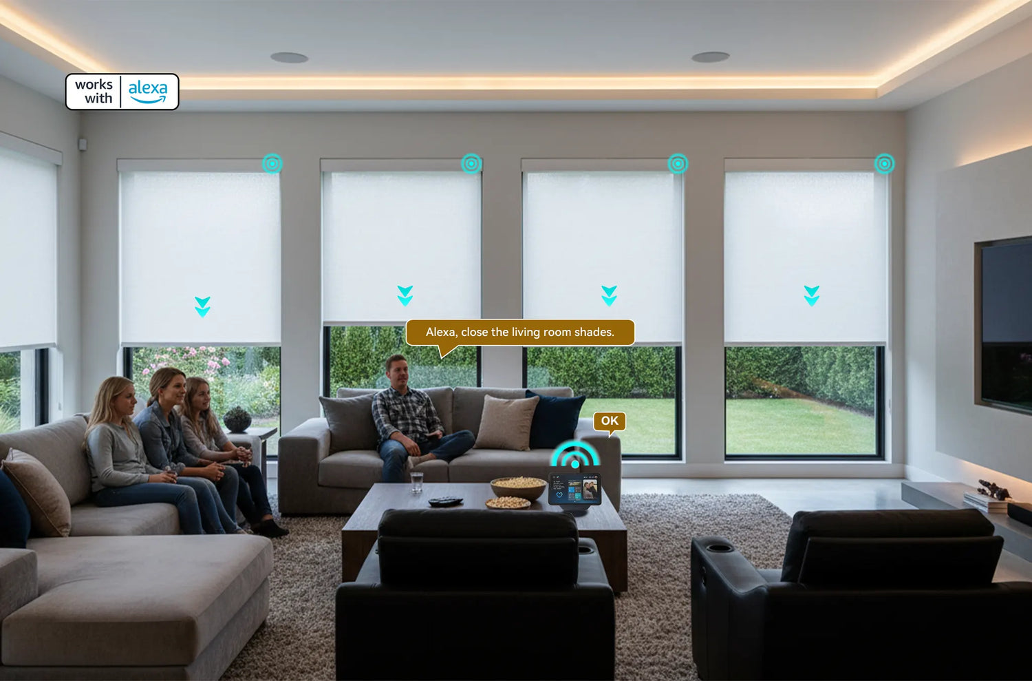 Motorized window shades compatible with Amazon Alexa for voice control