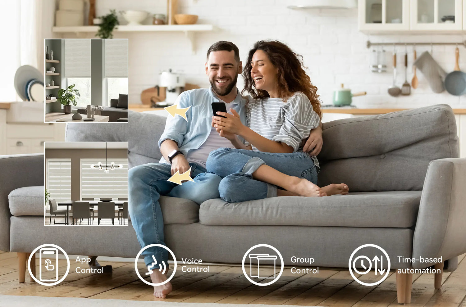 Smartphone interface showing Tuya app scheduling and voice control icons for smart shades.