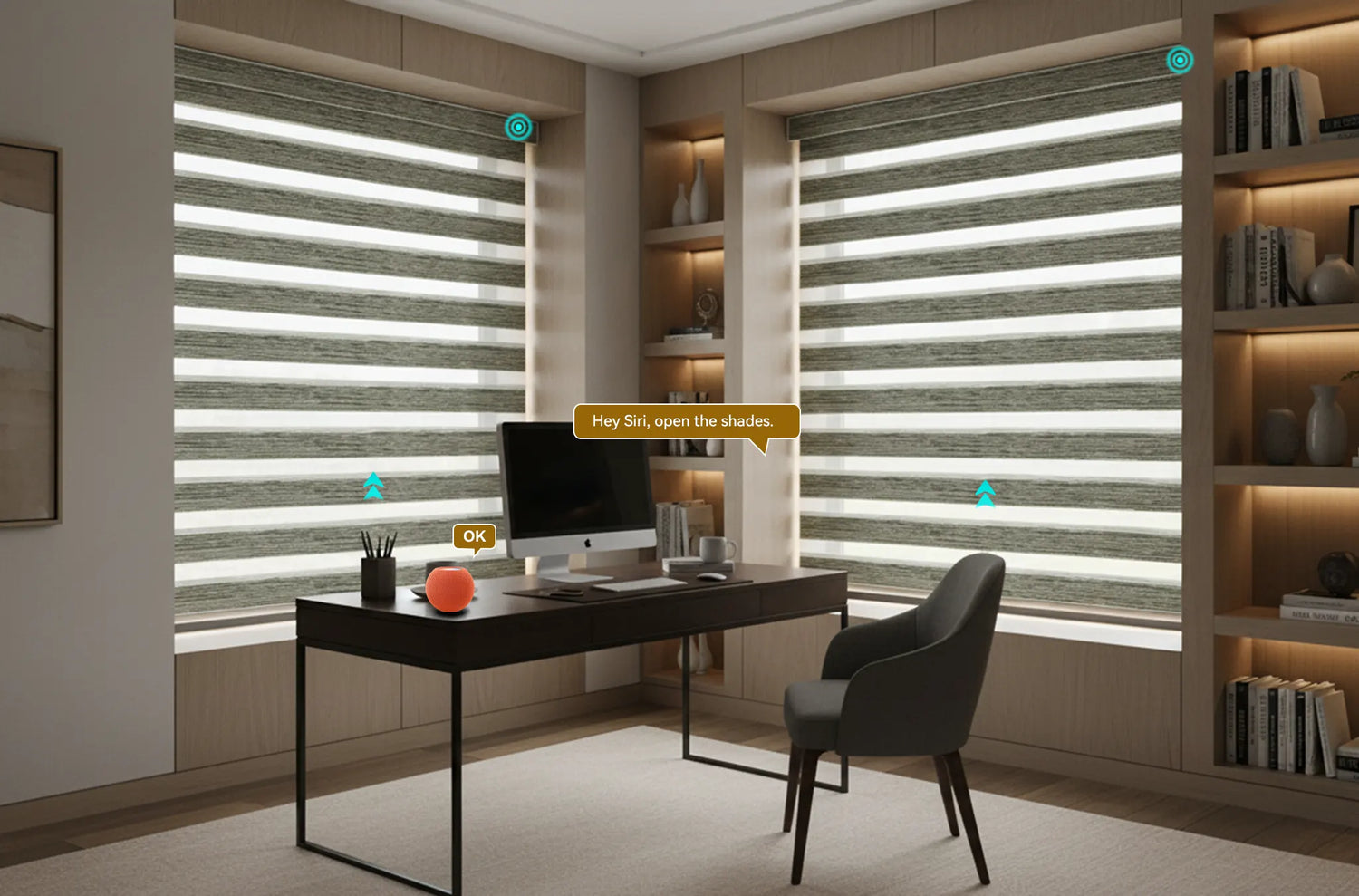 Motorized zebra shades compatible with Apple HomeKit for voice control