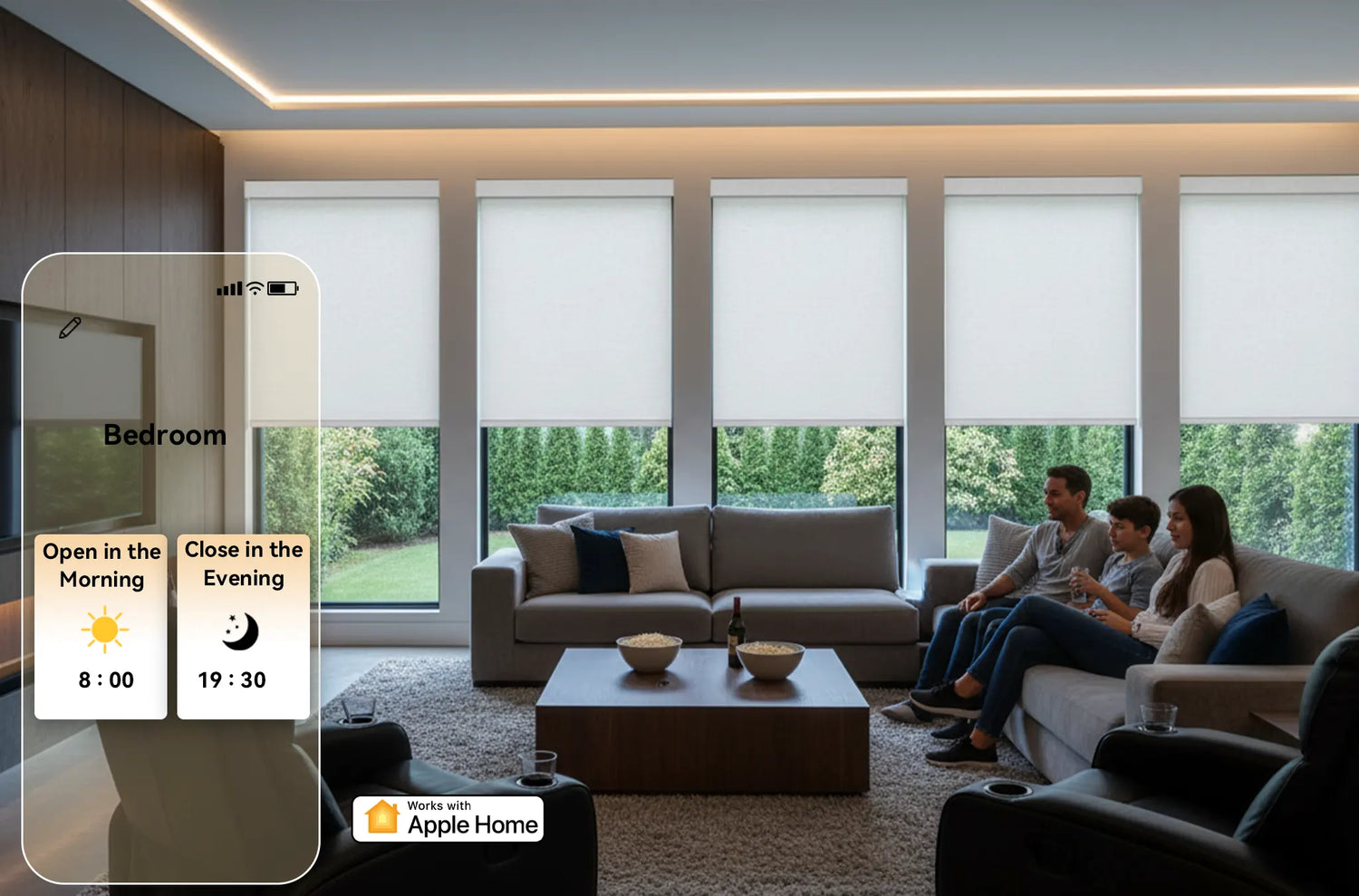 Apple HomeKit smart routines automatically opening and closing motorized window shades throughout the day
