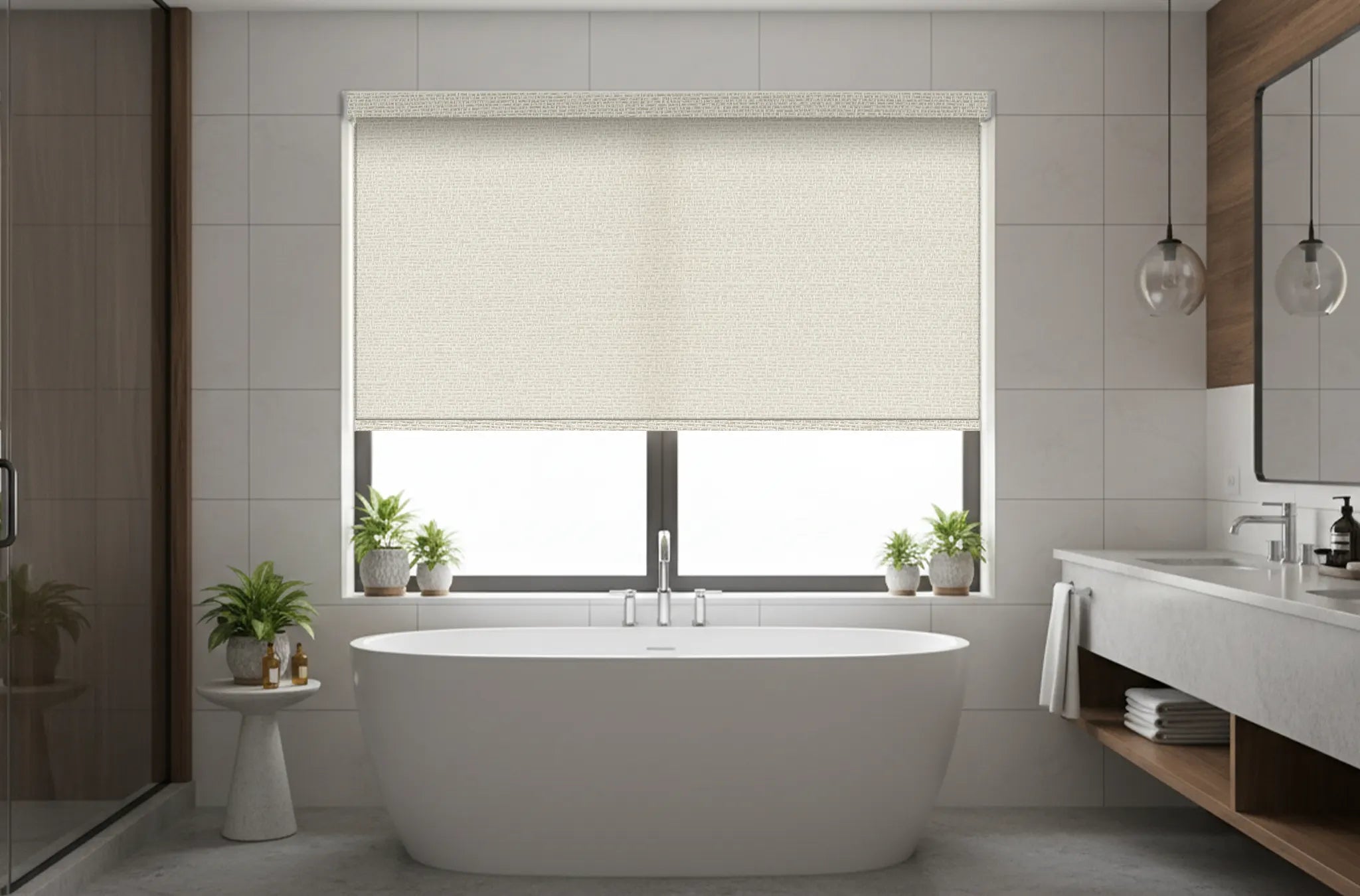 Roller shade in moisture-safe bathroom environment