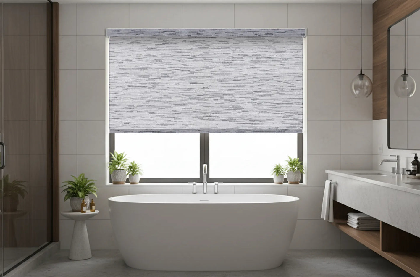 Bathroom window shade, moisture-resistant material