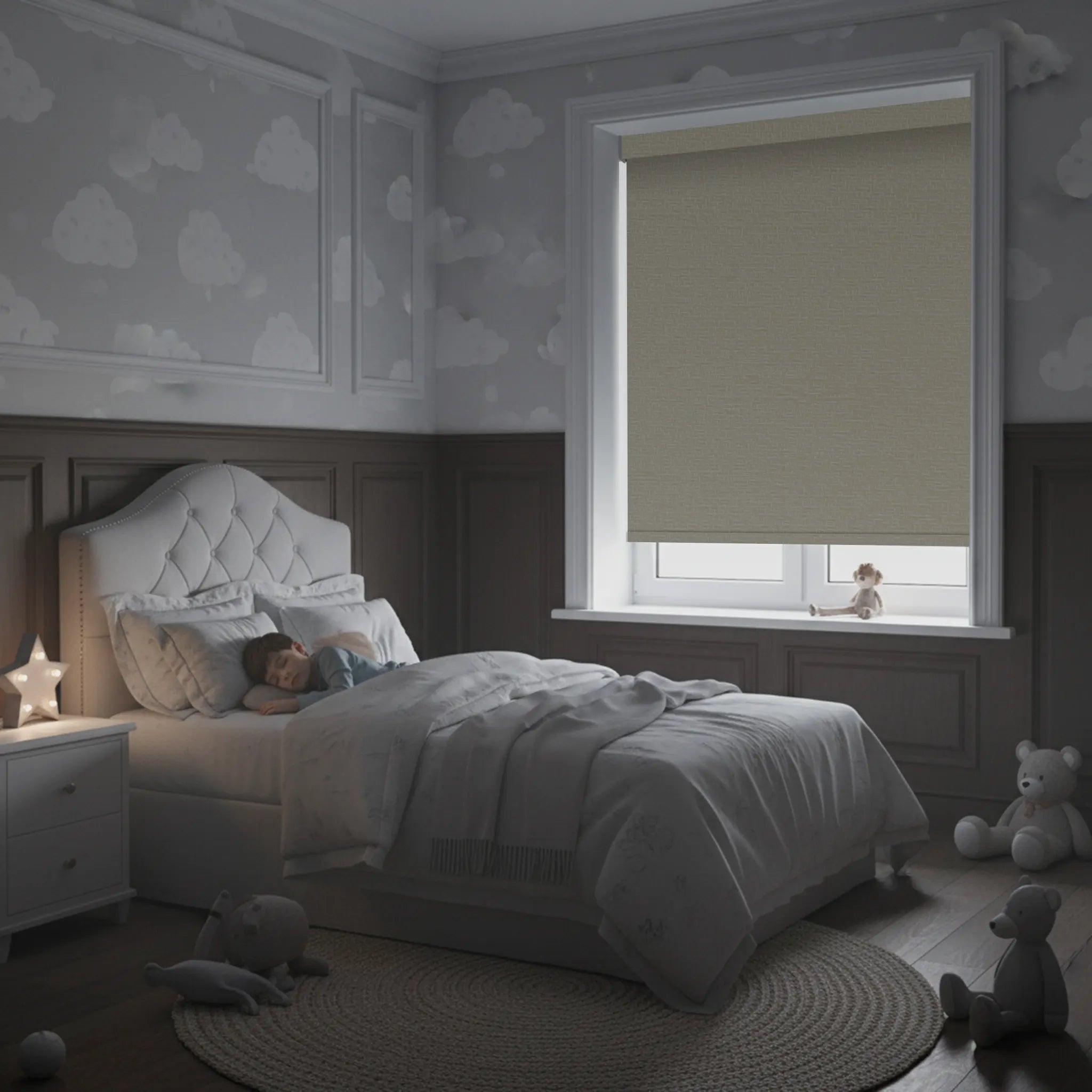 Bedroom fully darkened with Kurlax blackout roller shades