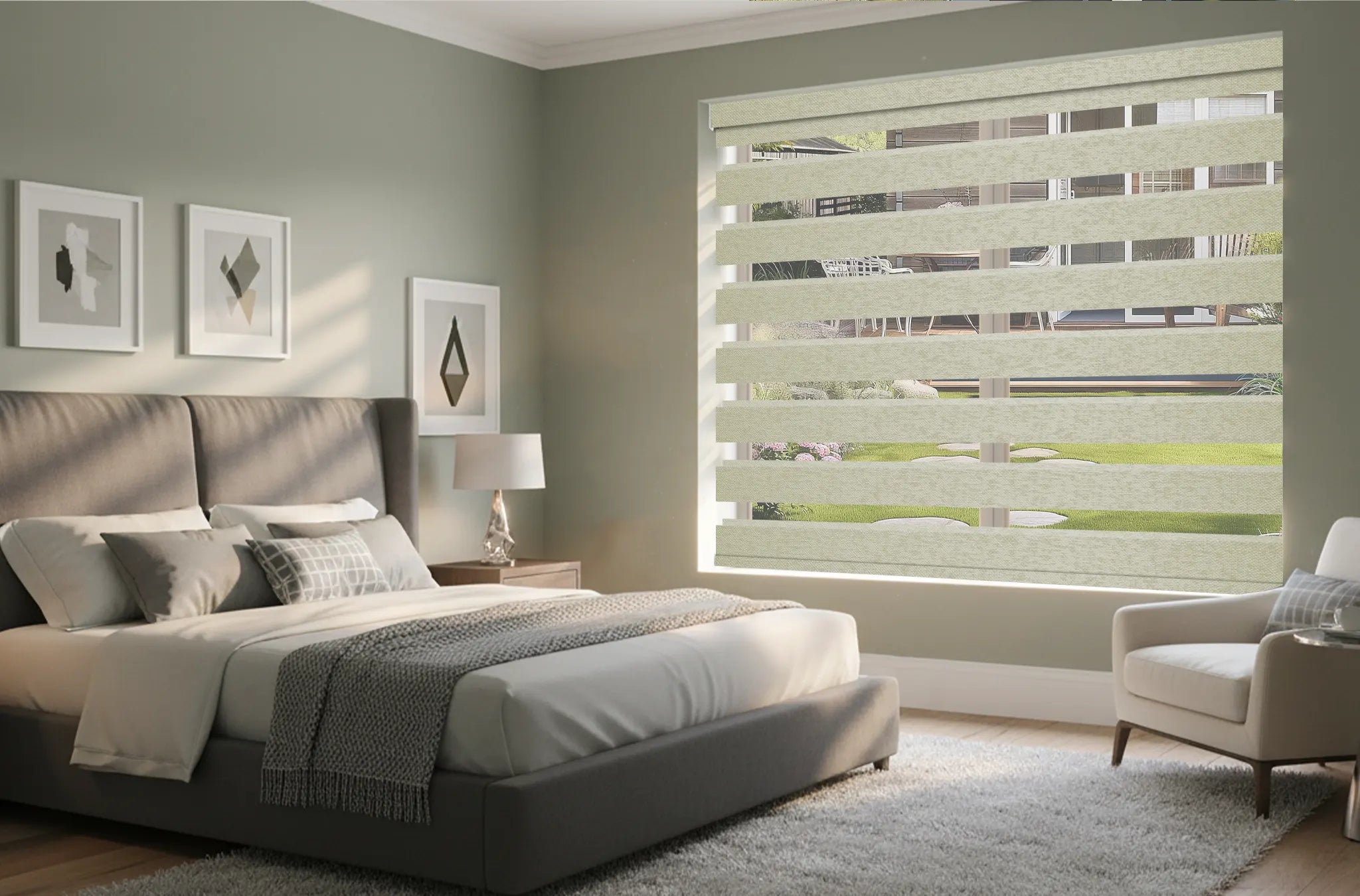 Bedroom with blackout motorized zebra shades blocking light for better sleep