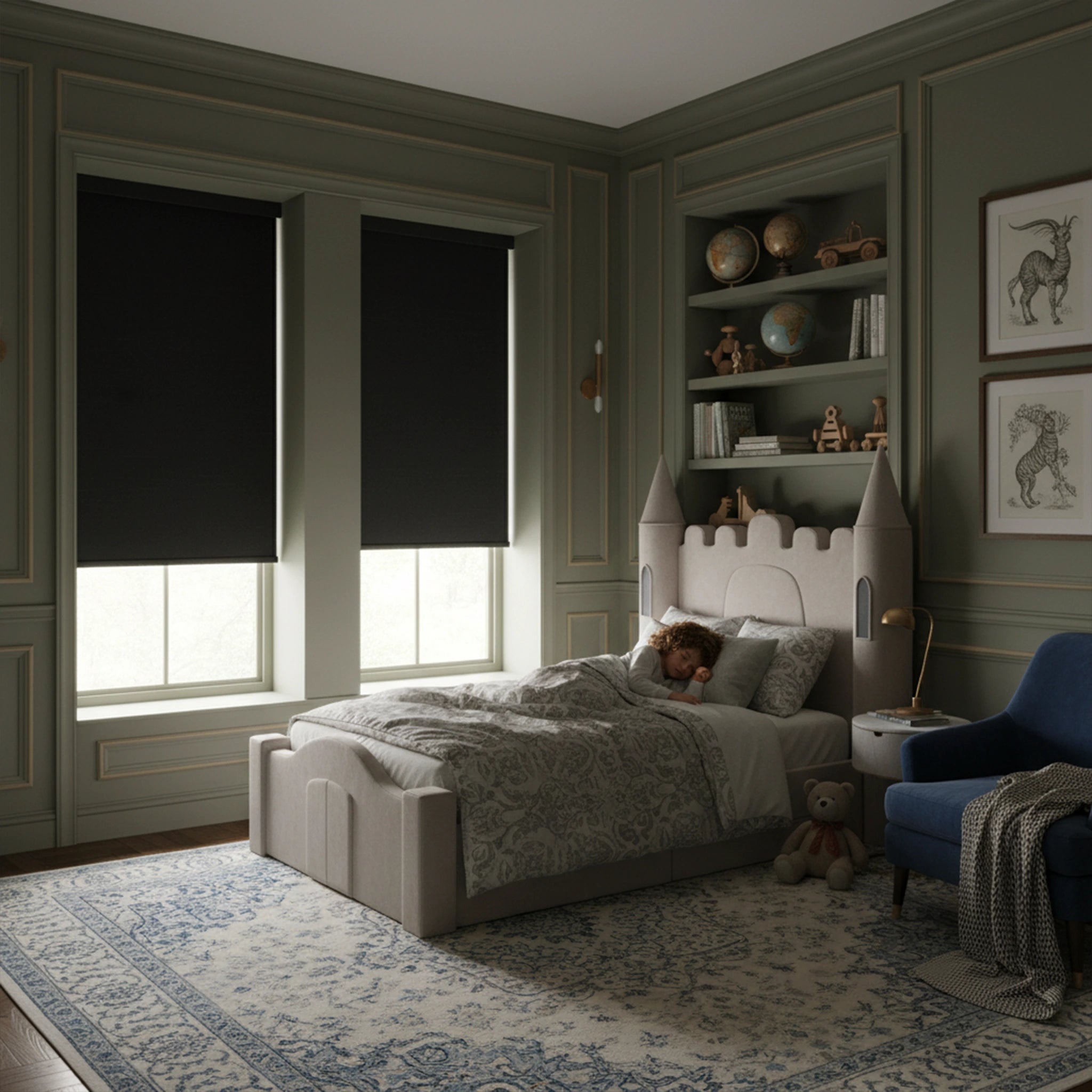 Nursery with cordless blackout roller shades safe for kids