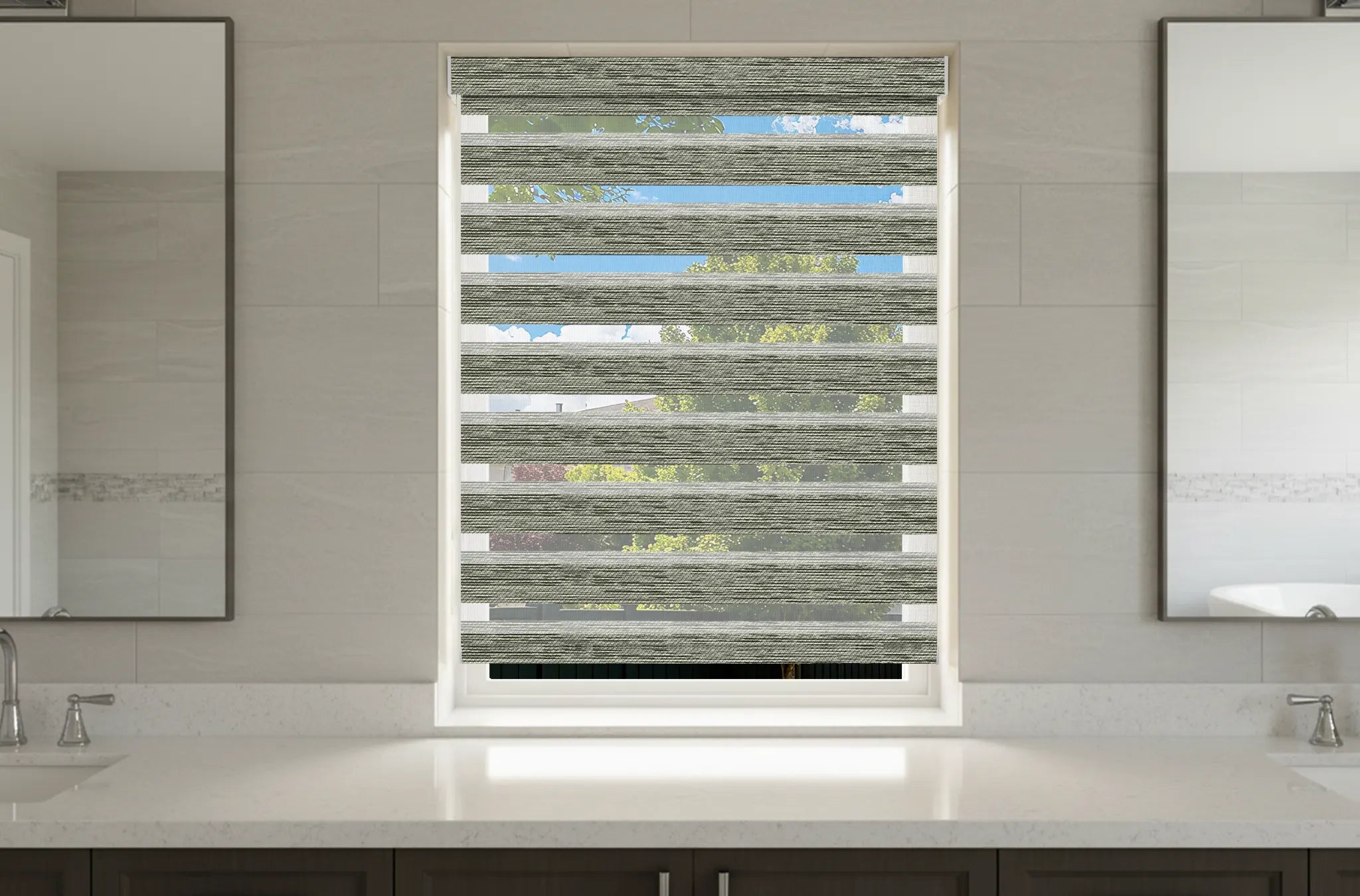 Elegant dining space with blackout zebra shades