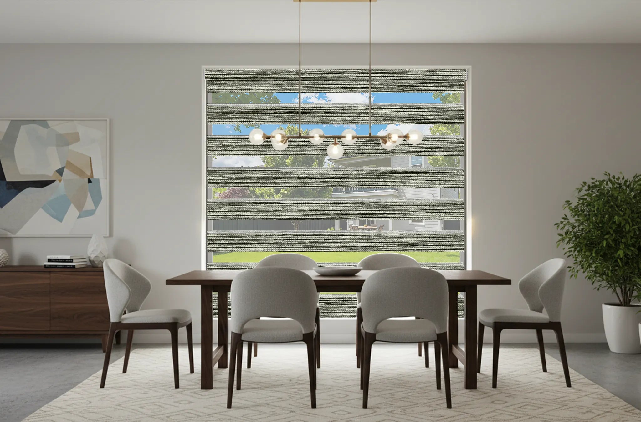 Elegant dining space with blackout zebra shades