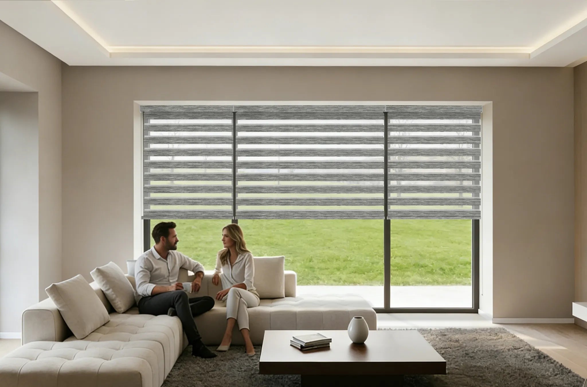 Motorized blackout zebra shades installed in modern living room