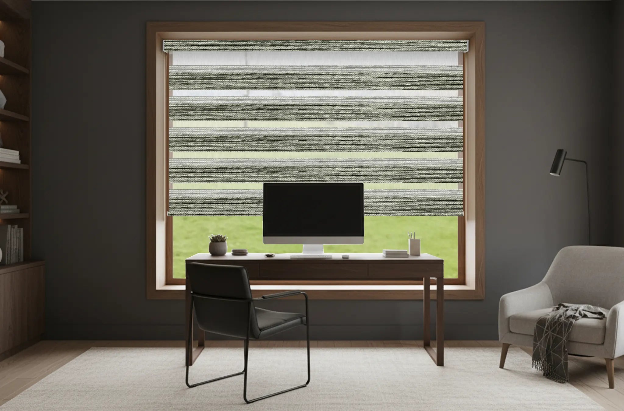 Window shades reducing glare in work-from-home office
