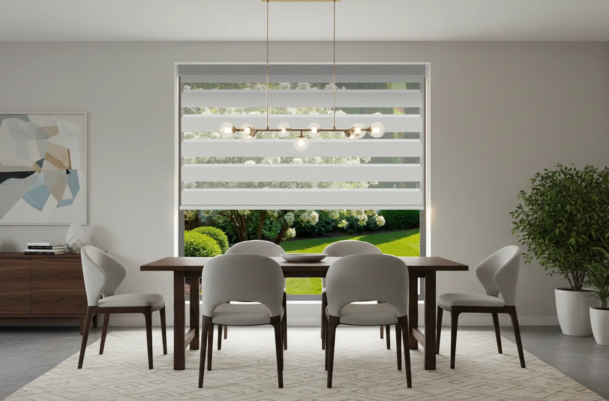 Cozy dining room with blackout zebra window treatment