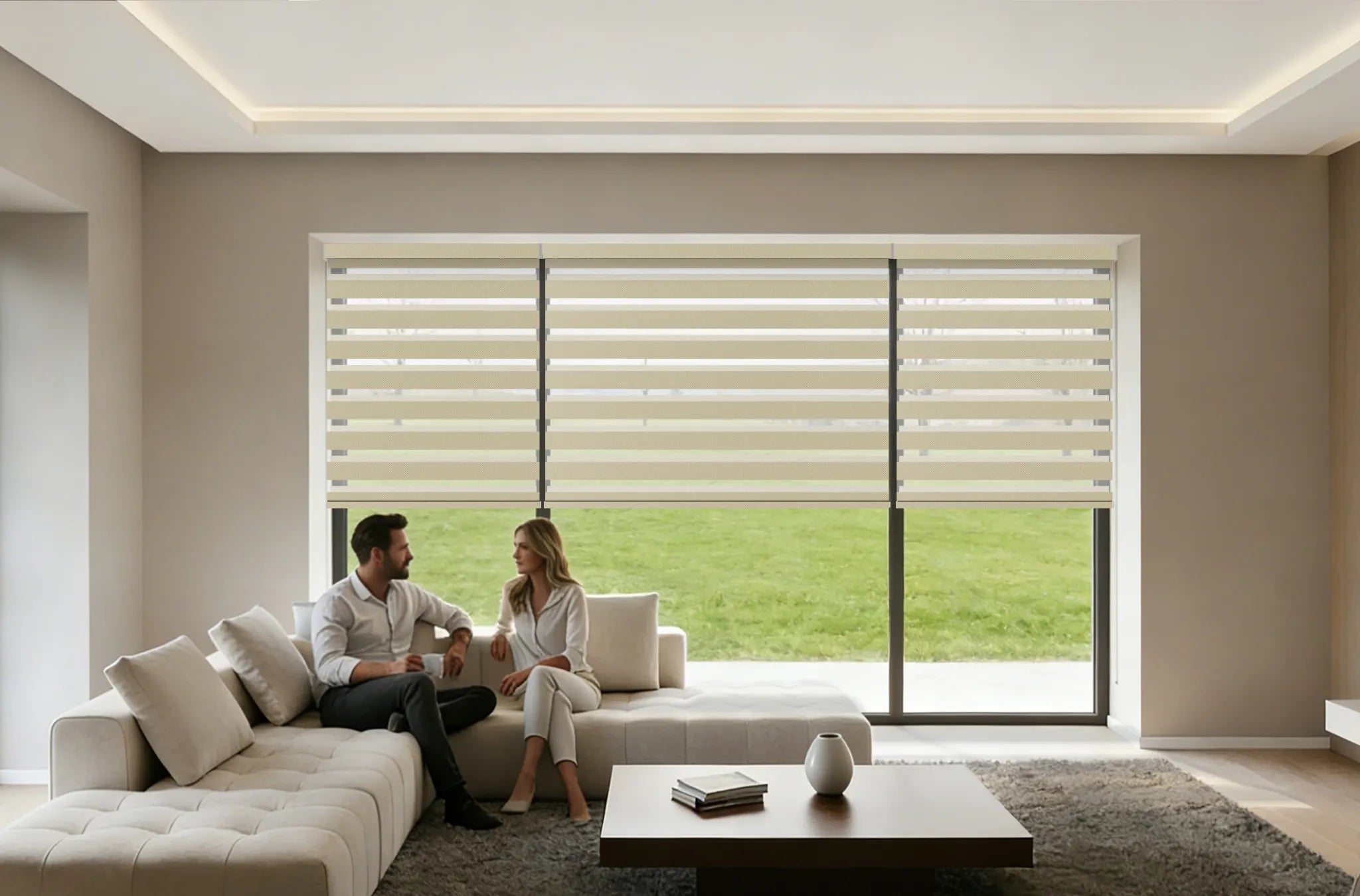 Motorized blackout zebra shades installed in modern living room