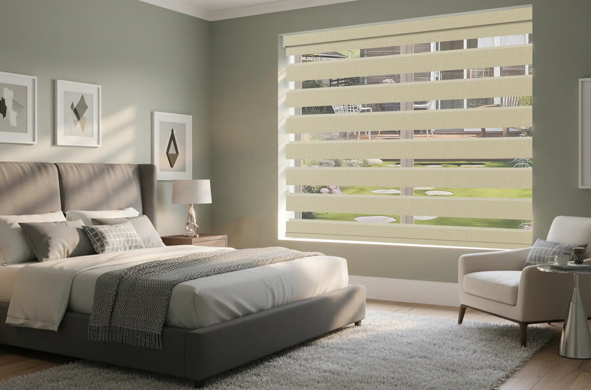 Fully darkened bedroom using 100% blackout zebra shades