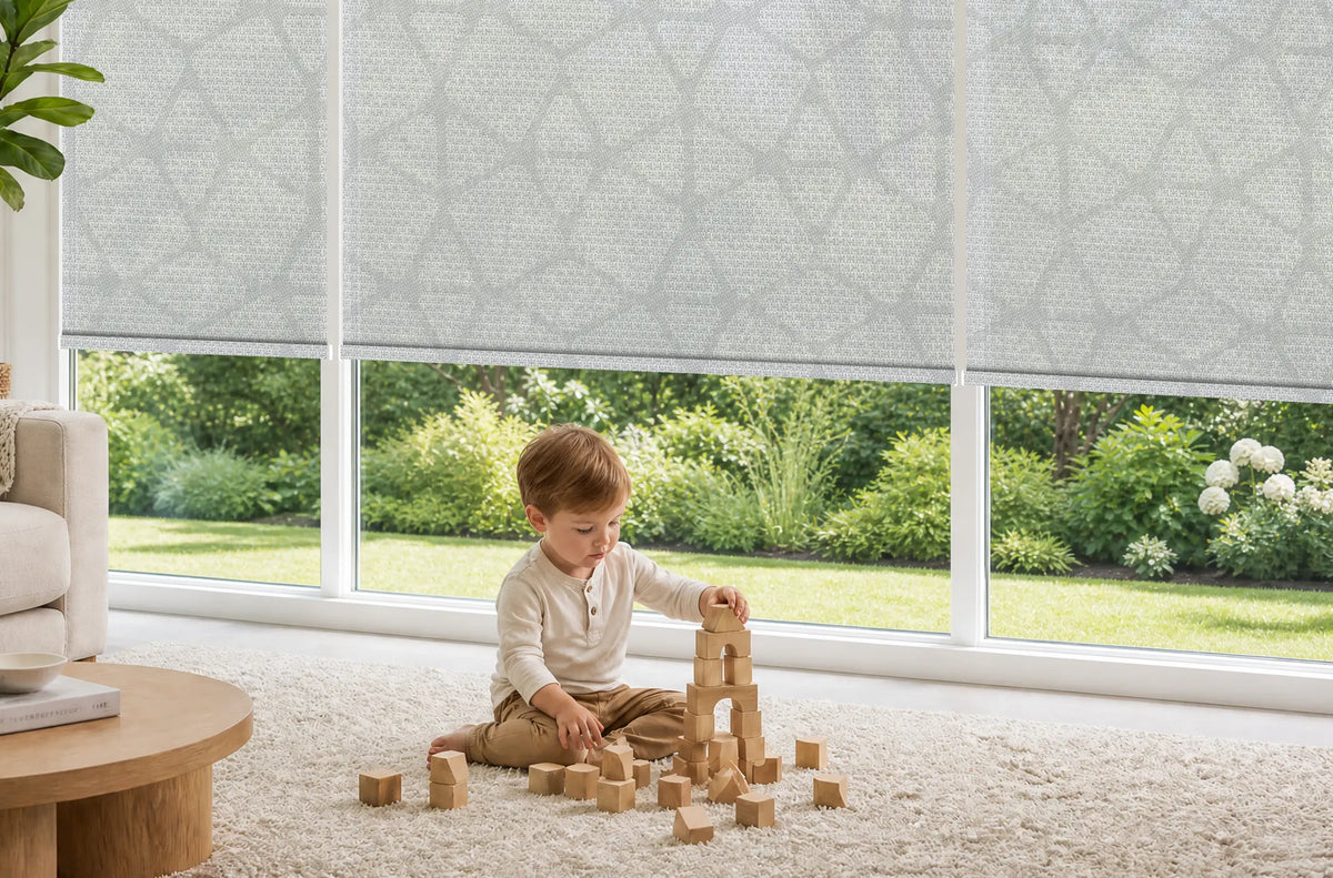 Child Safe Cordless Solar Shades 3% Openness, Stone Pattern Light Filtering Roller Shades, No Cords UV Protection Window Blinds for Kids Room & Living Room