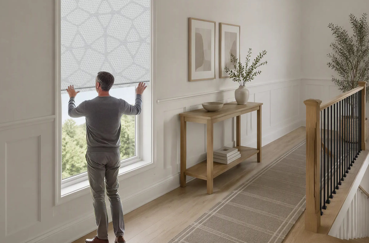 Cordless Solar Shades 3% Openness, Geometric Pattern Light Filtering Roller Blinds, Child Safe Cord-Free Window Shade with Easy Control