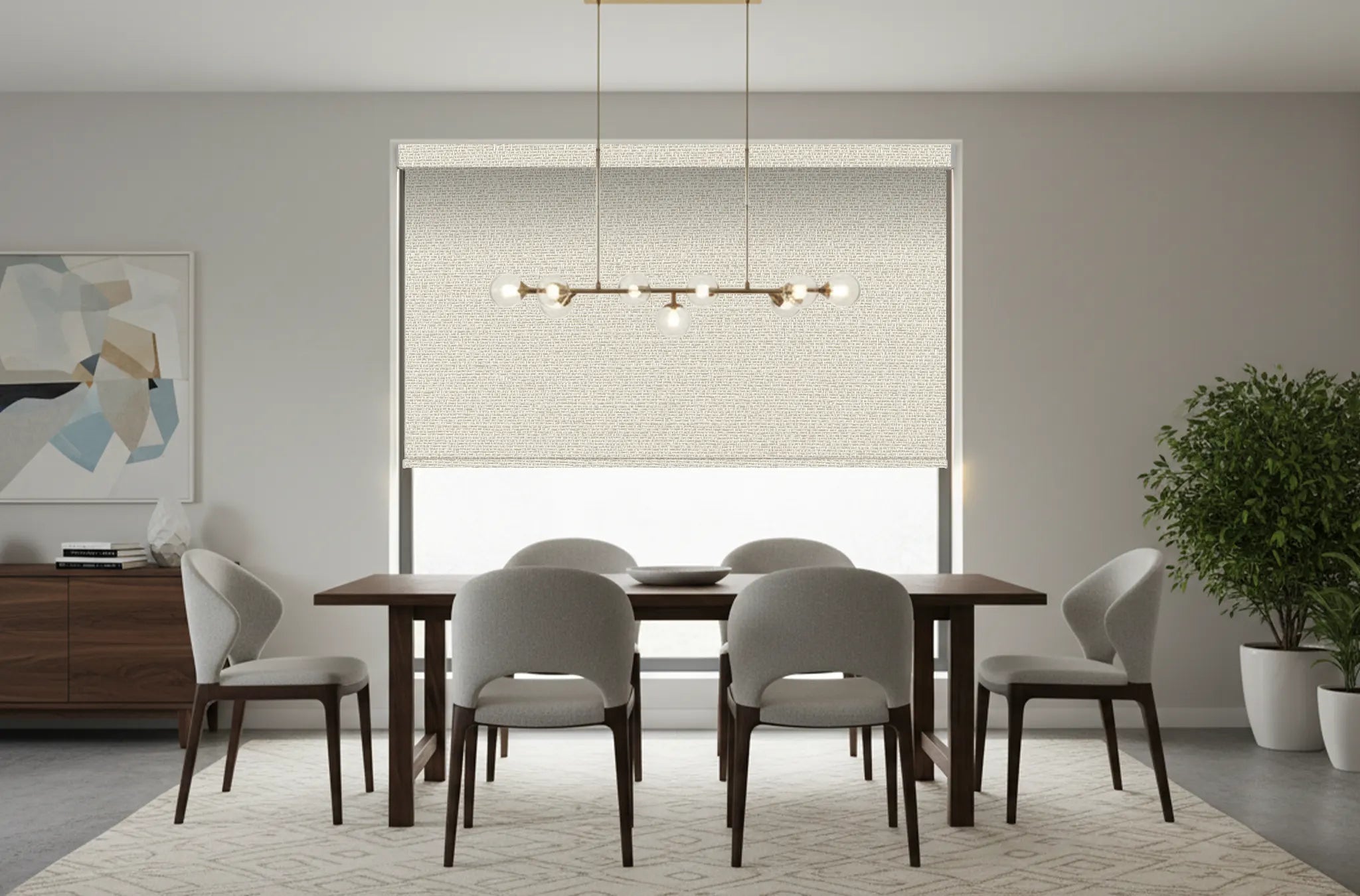Light-filtering shades over dining room windows