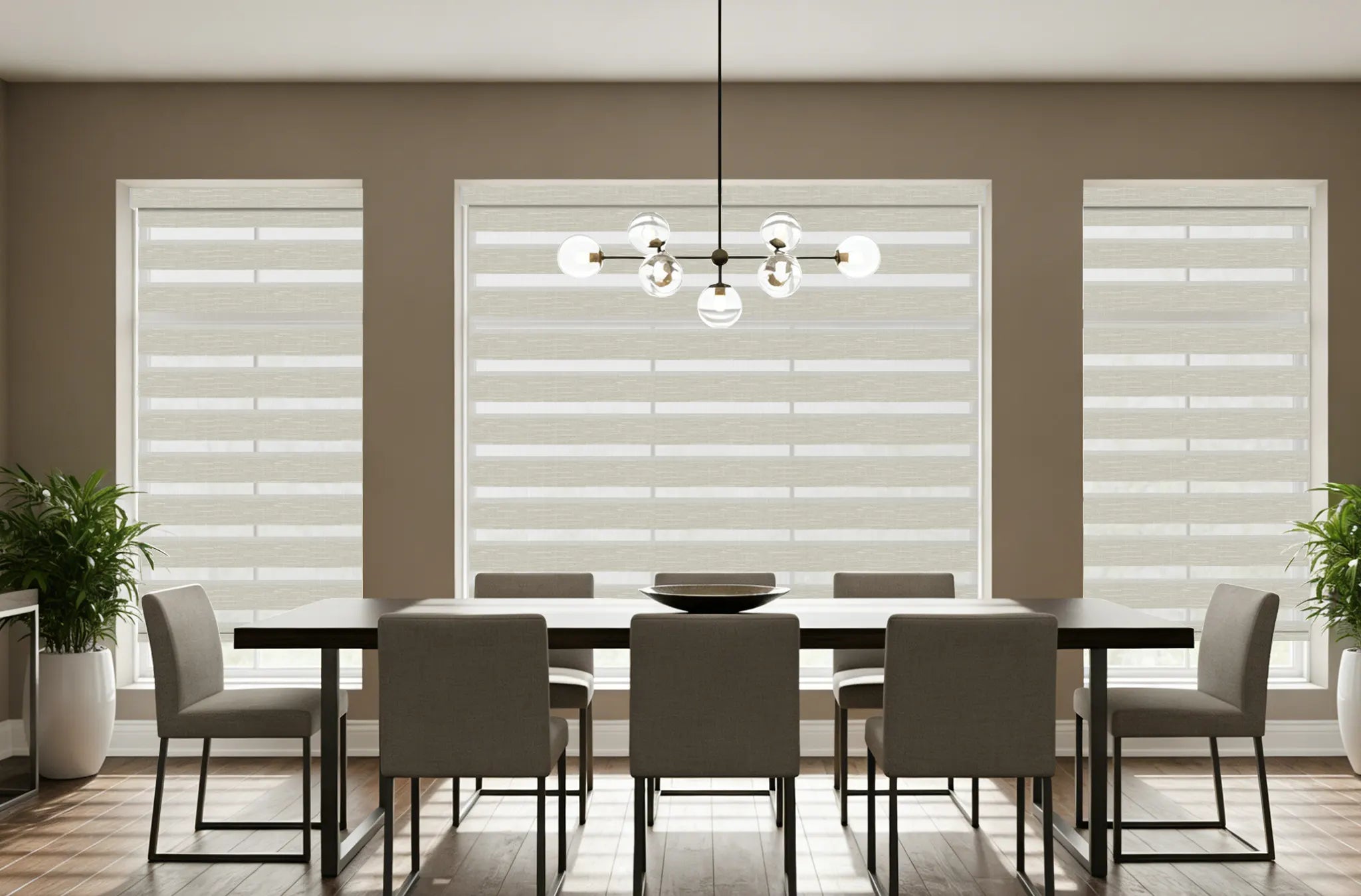 Dining room with elegant light filtering zebra shades