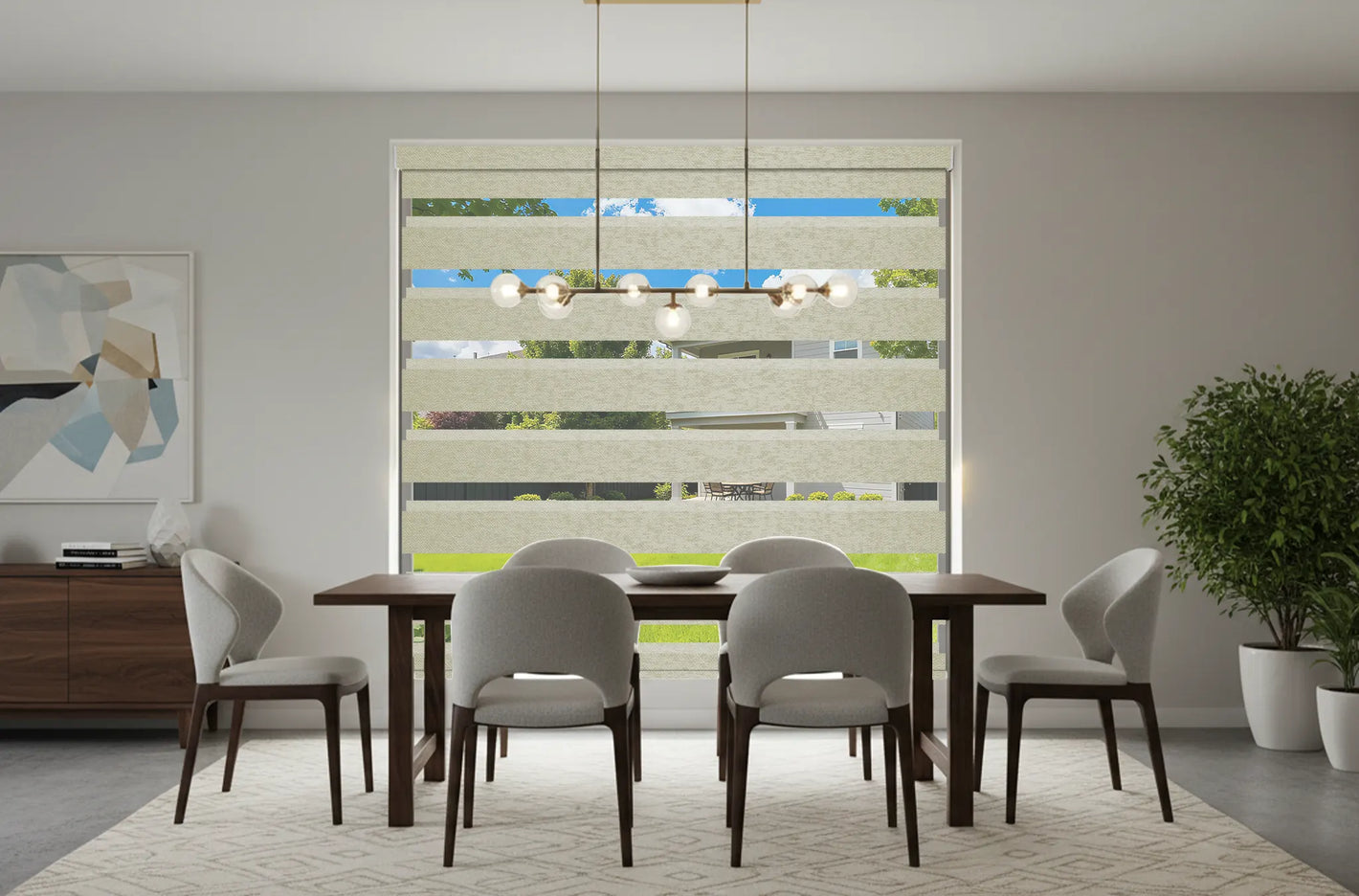 Dining room with elegant blackout zebra shades filtering light