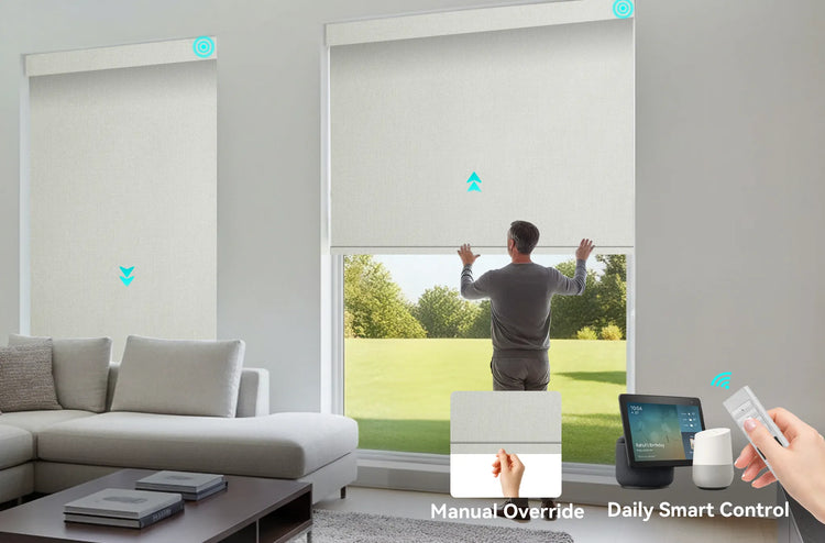 A person manually adjusting a motorized roller shade, demonstrating the dual-control spring system.