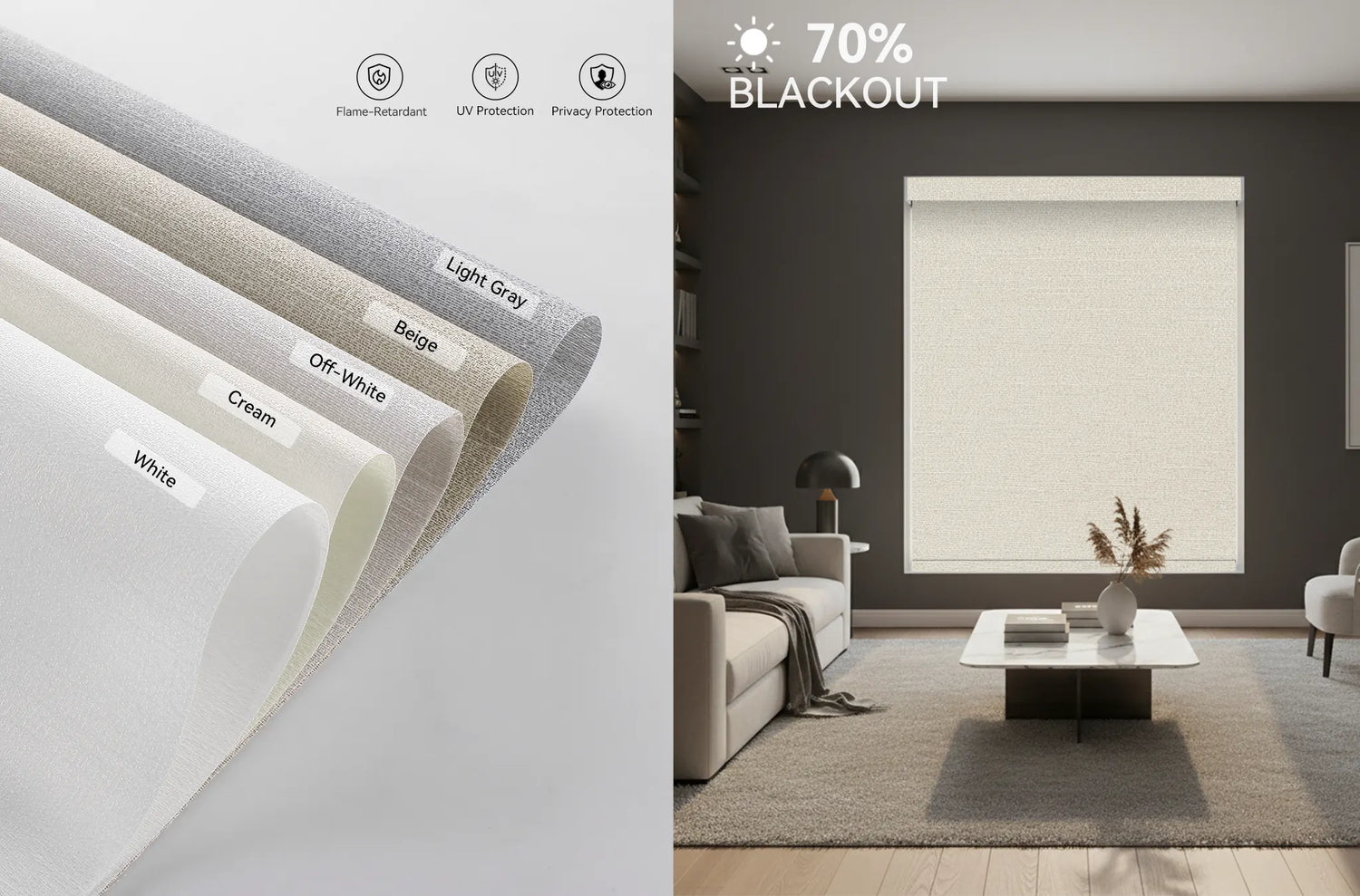 Split image: left side shows close-up light-filtering fabric texture, right side shows roller shades filtering daylight softly inside a room