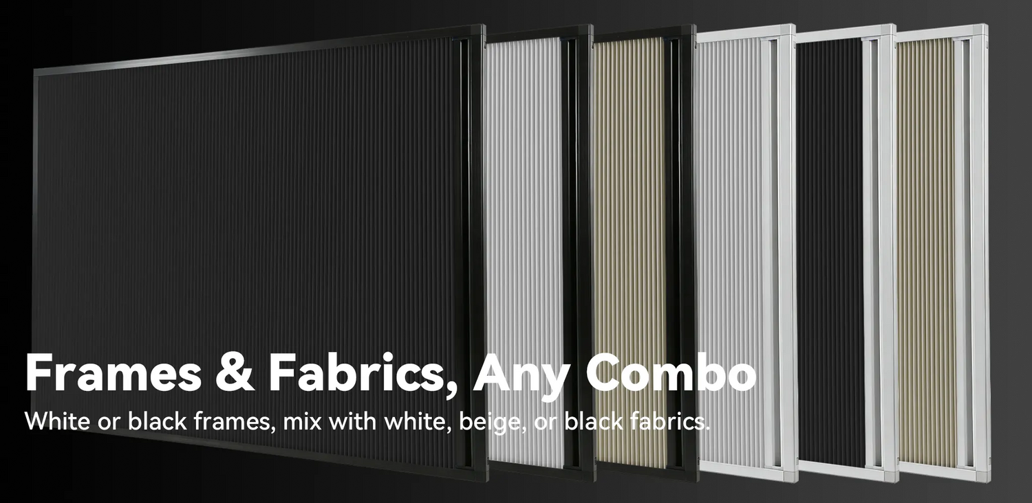 White and black aluminum frames paired with white, beige, or black fabrics for customizable cellular shades