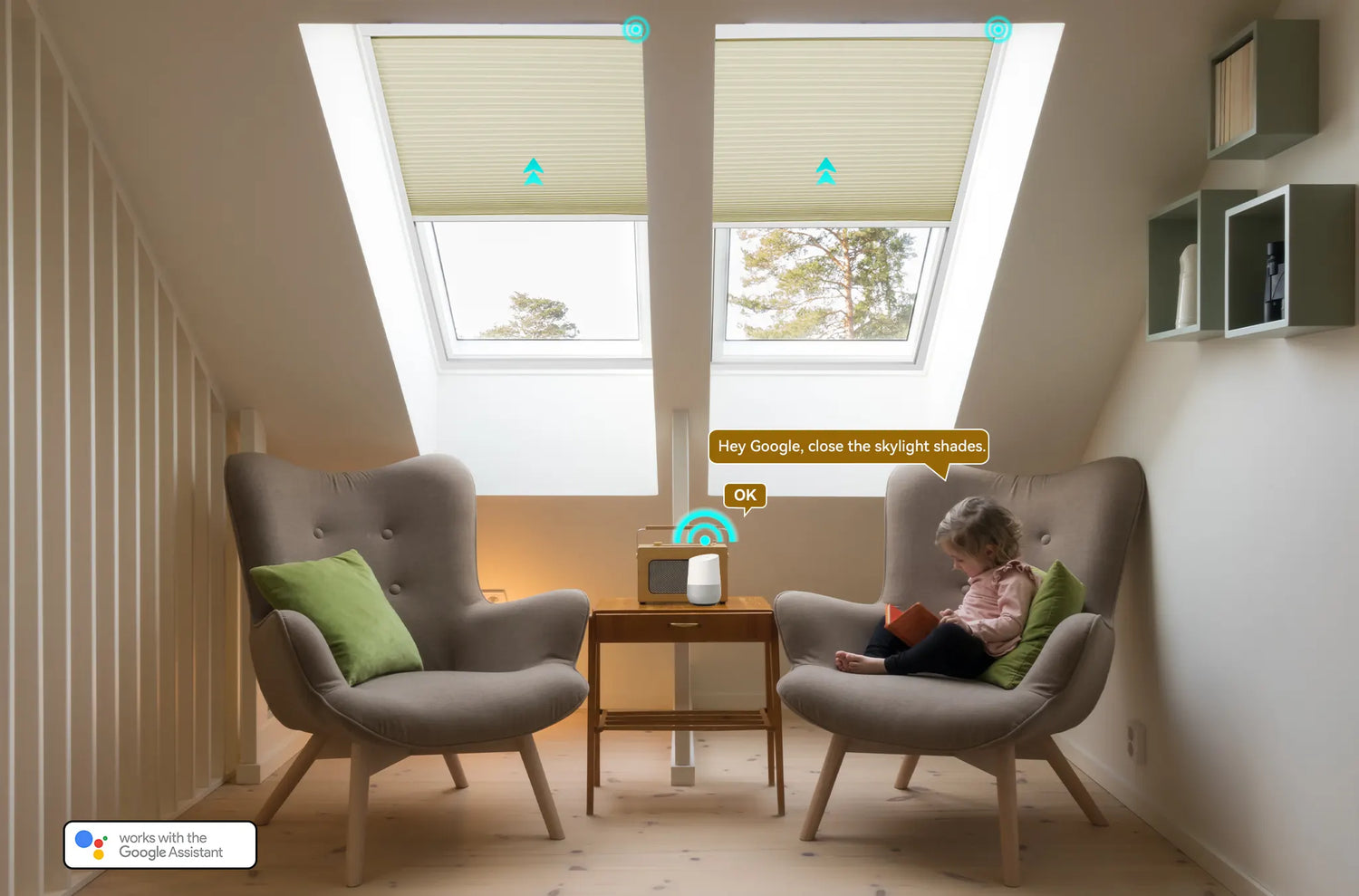 Motorized skylight shades compatible with Google Assistant for voice control