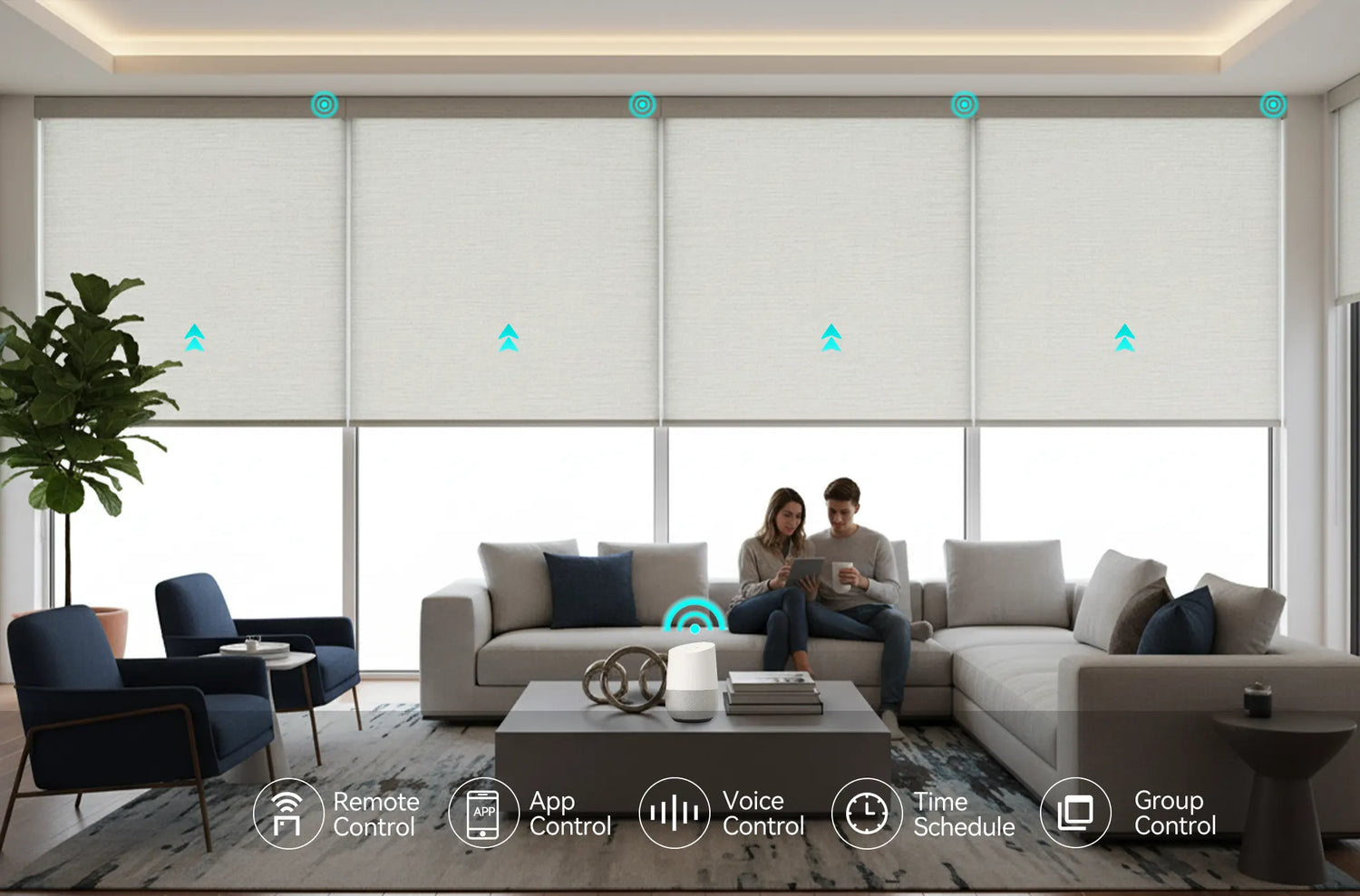 Google Home controlling motorized window shades with voice commands, schedules, and app control
