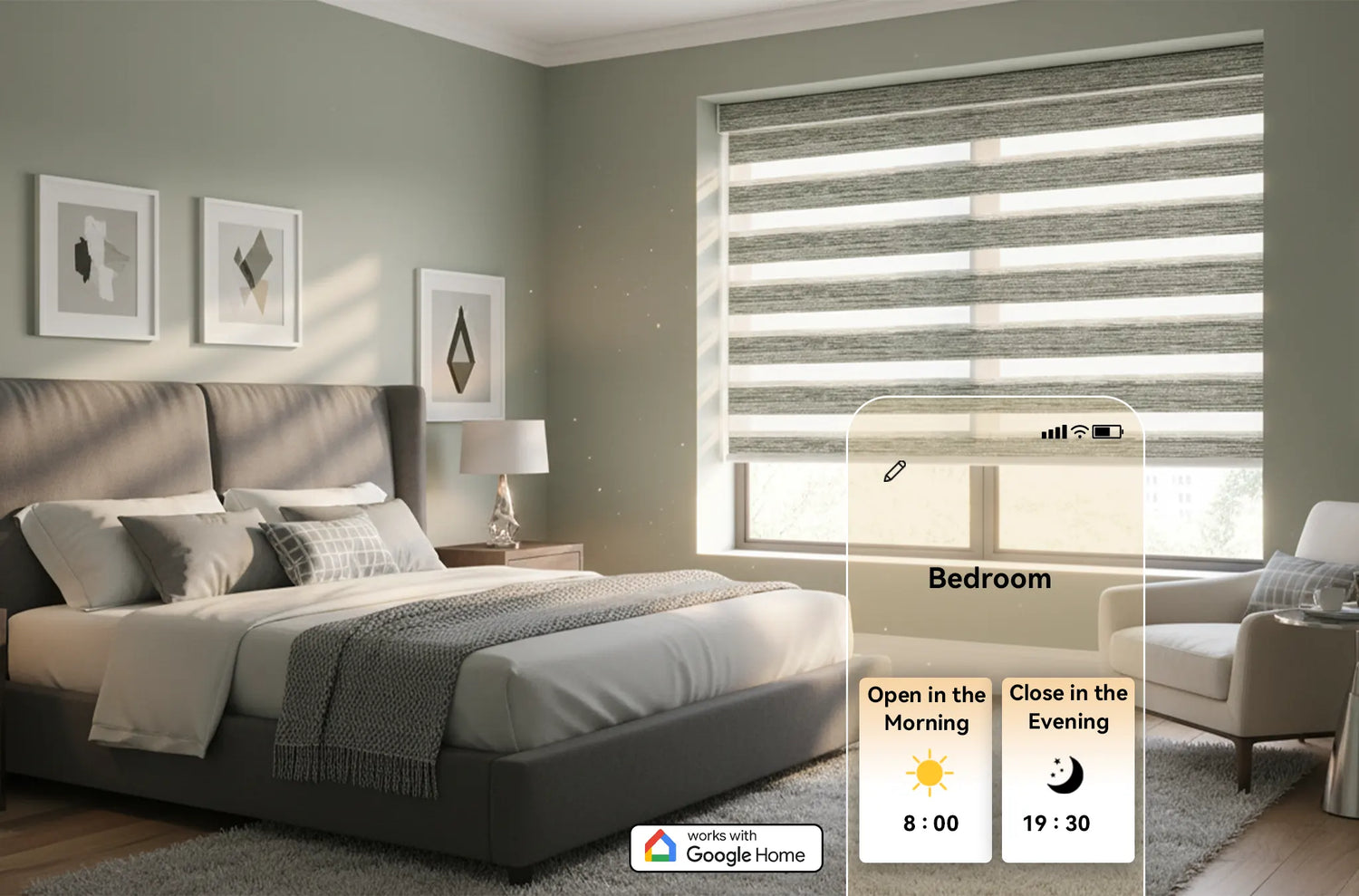 Google Home smart routines automatically opening and closing motorized window shades throughout the day