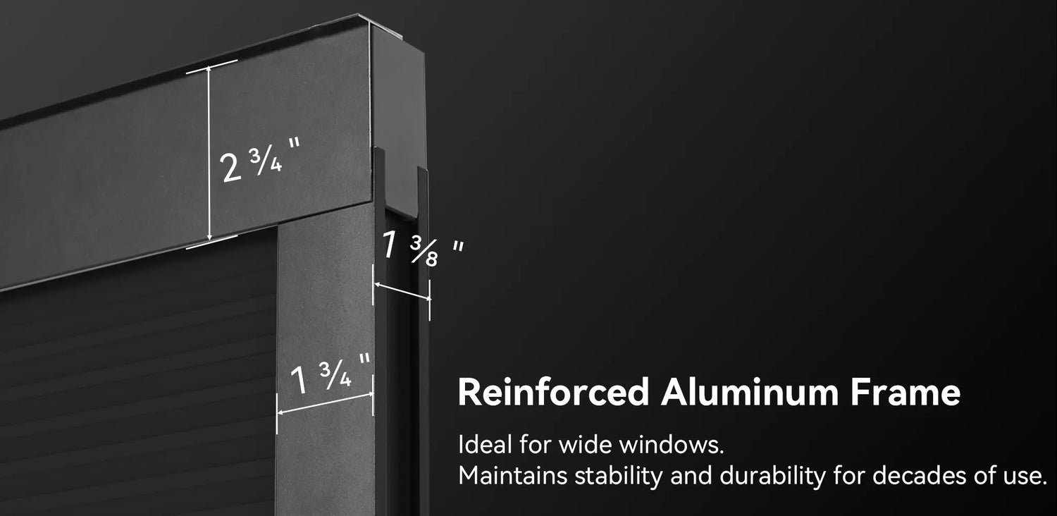 Close-up of a thick black aluminum frame for window shades.