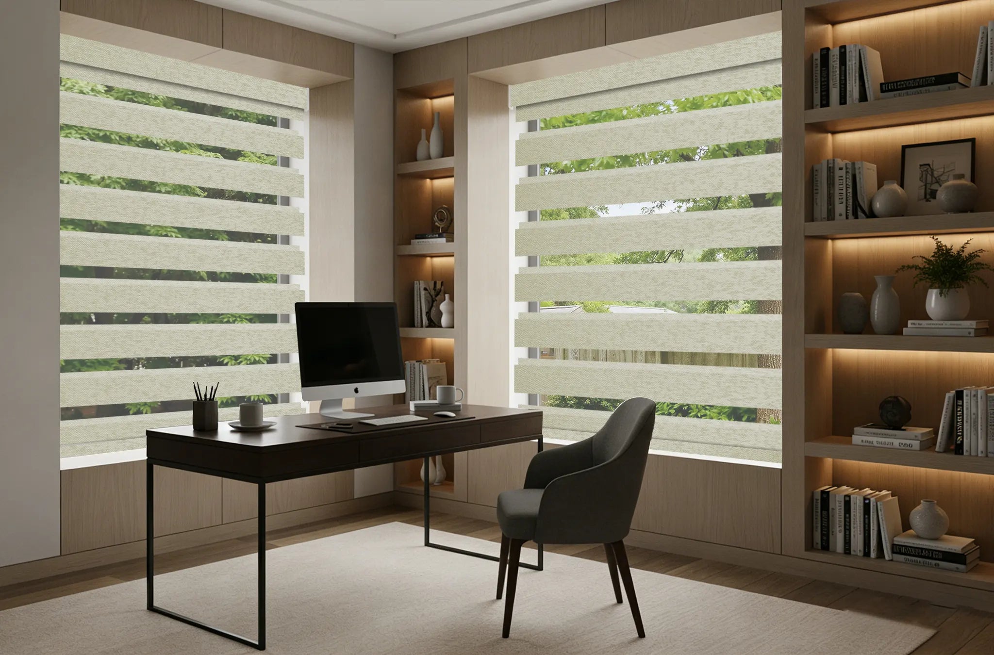 Home office using zebra shades to reduce screen glare