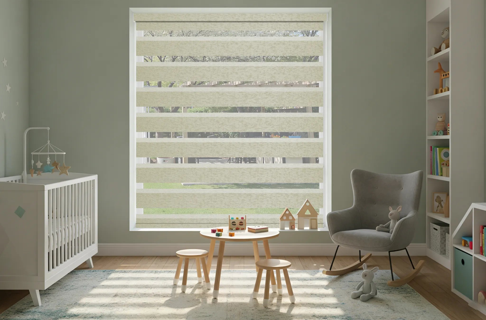 Child’s room with safe cordless motorized zebra shades