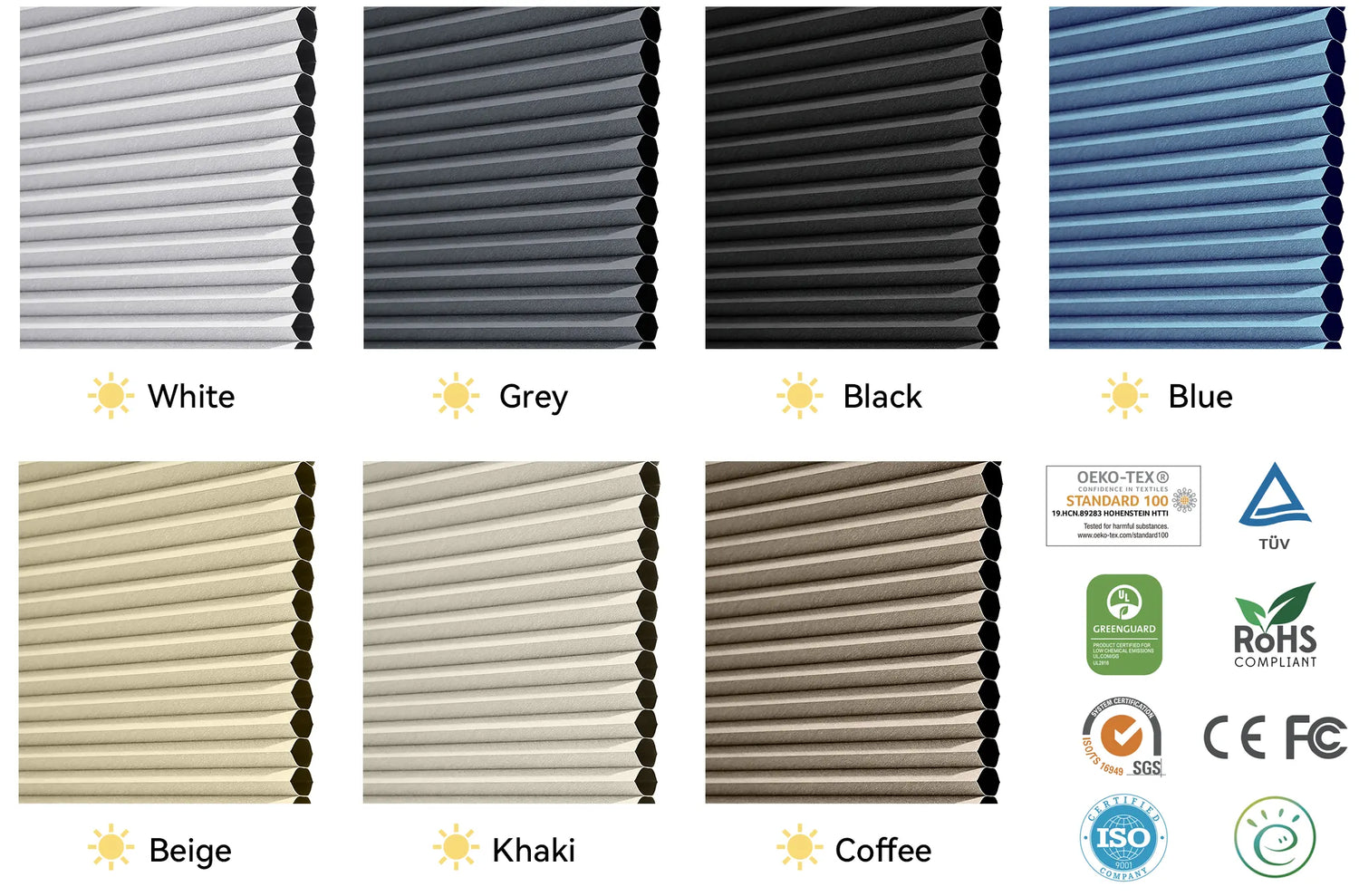 Motorized 100 percent blackout skylight cellular shades in seven color options