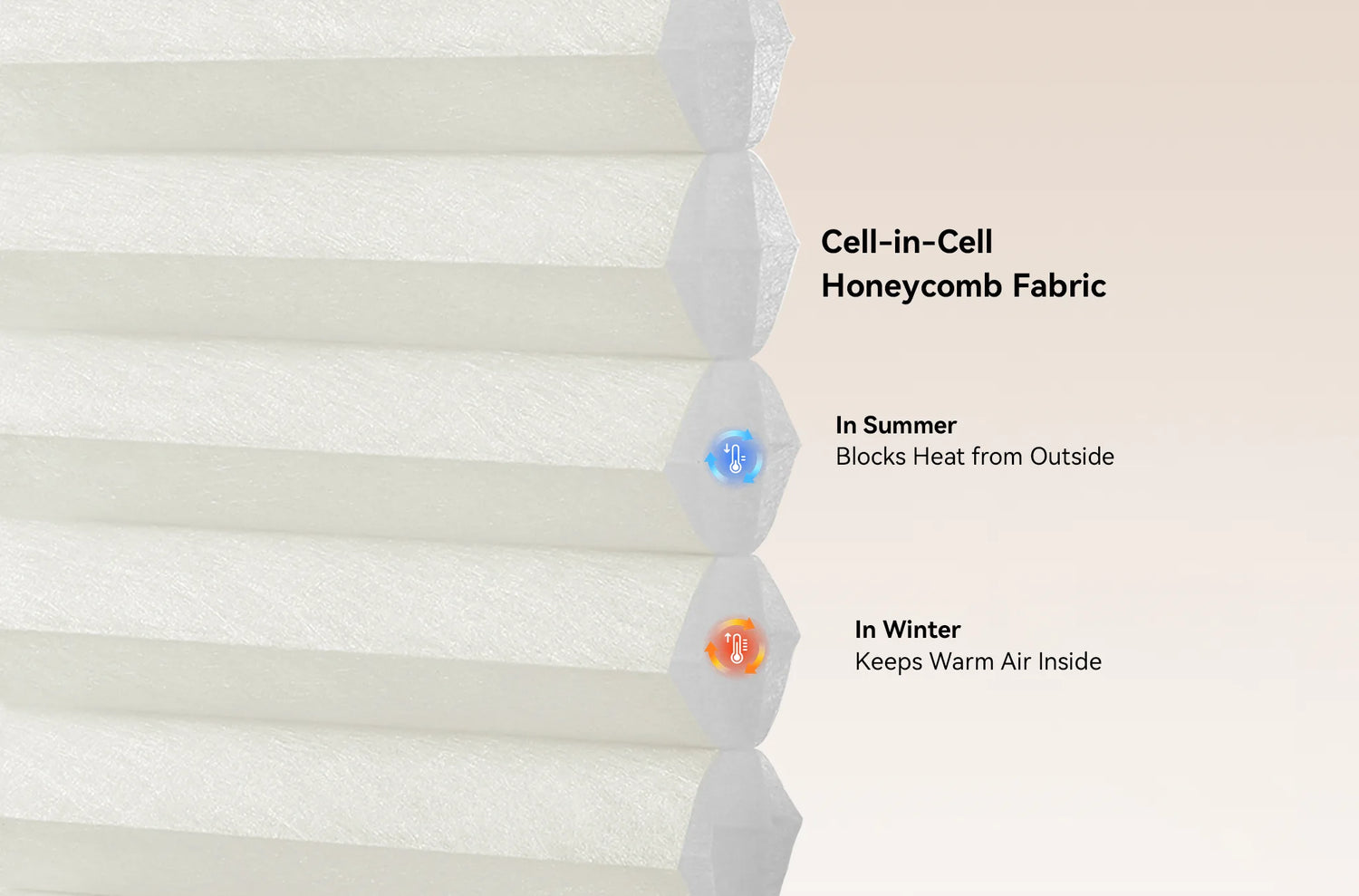 Close-up texture shot of Kurlax 38mm cell-in-cell blackout non-woven honeycomb fabric in a beige color.