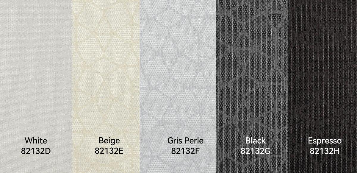 Kurlax 3% Openness solar roller shade fabric color swatch, geometric textured weave in White, Beige, Gris Perle, Black, Espresso