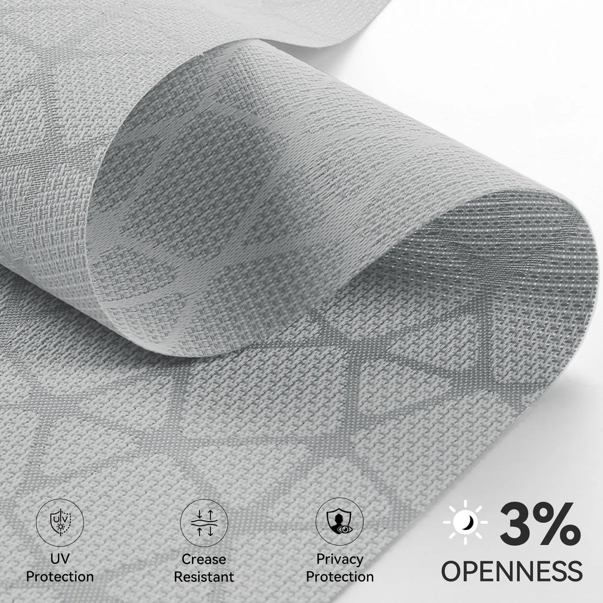 Kurlax 3% Openness solar roller shade fabric close-up, geometric woven screen with UV protection, crease resistant and privacy protection