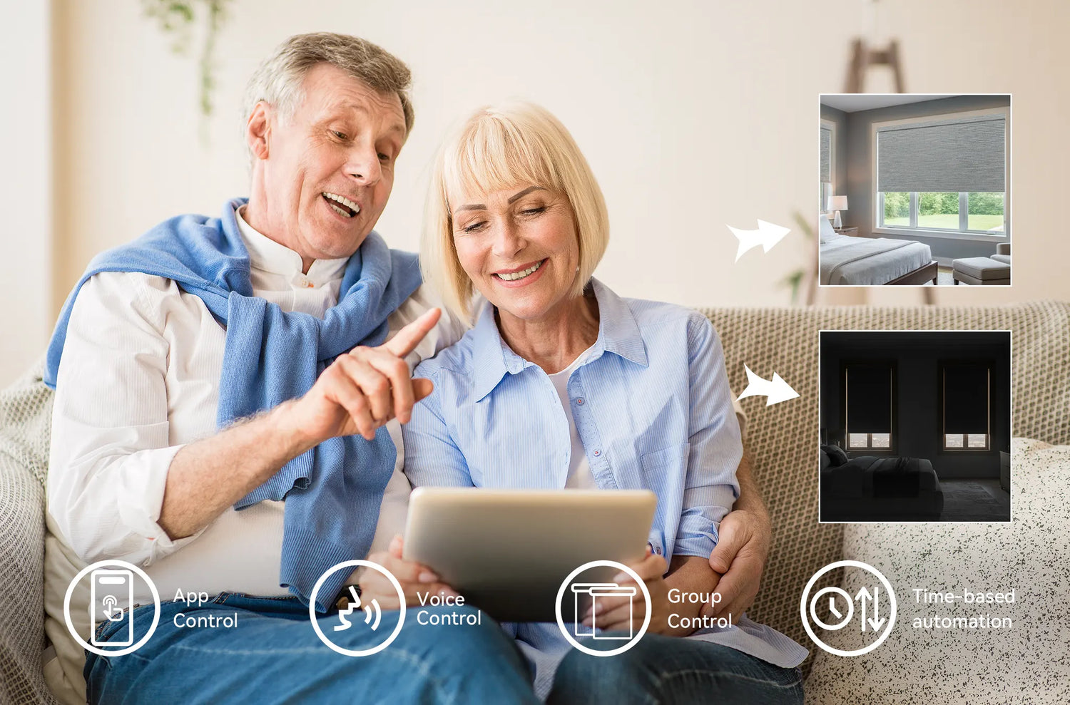 Smartphone app interface showing scheduled opening and closing times for Kurlax smart shades.
