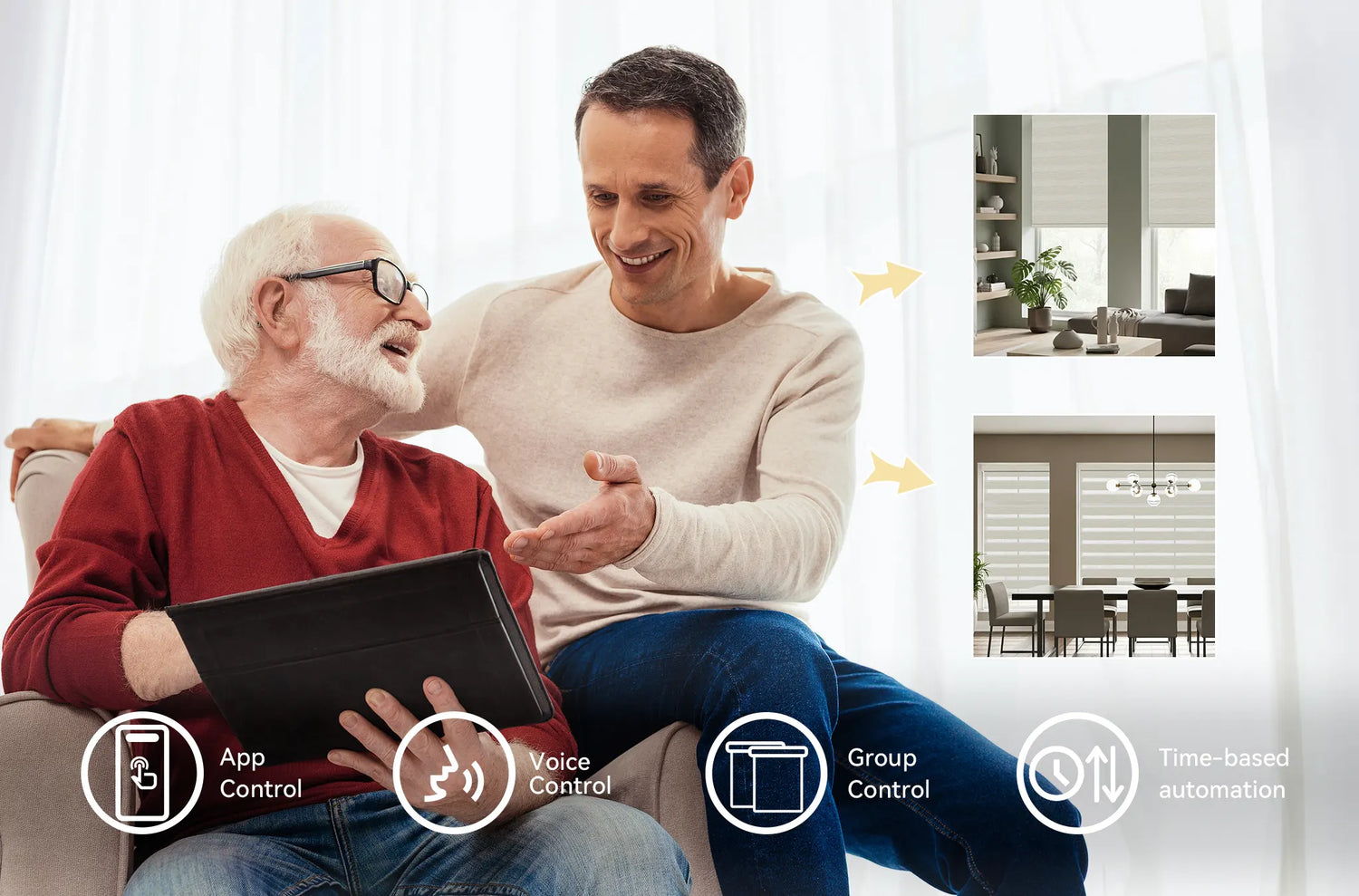 Smartphone showing Tuya app interface for scheduling sunrise/sunset automation for Kurlax zebra blinds.