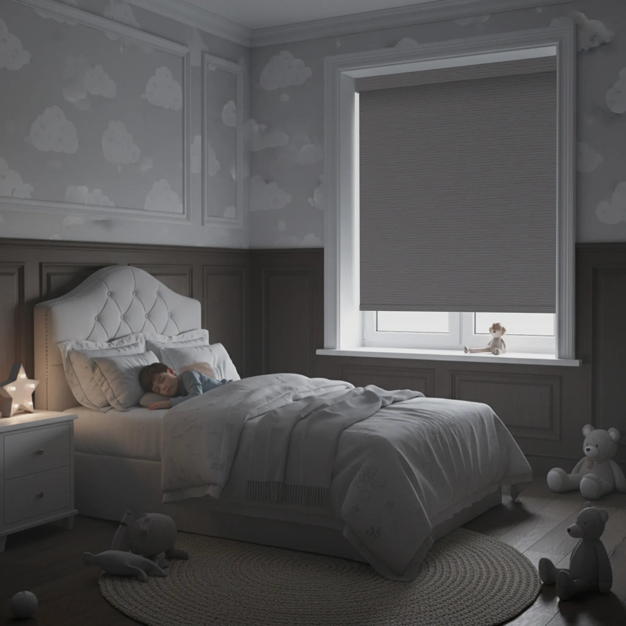 Bedroom darkened by 100% blackout motorized shades for better sleep