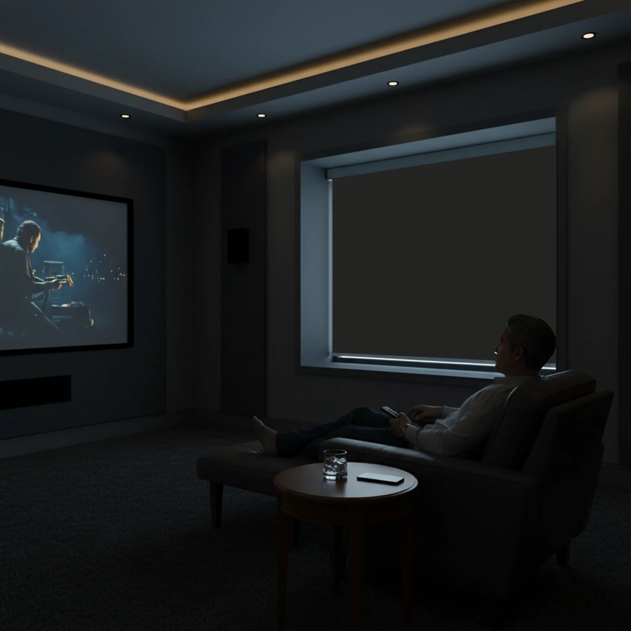 Home theater/media room using blackout roller shades for screen glare control